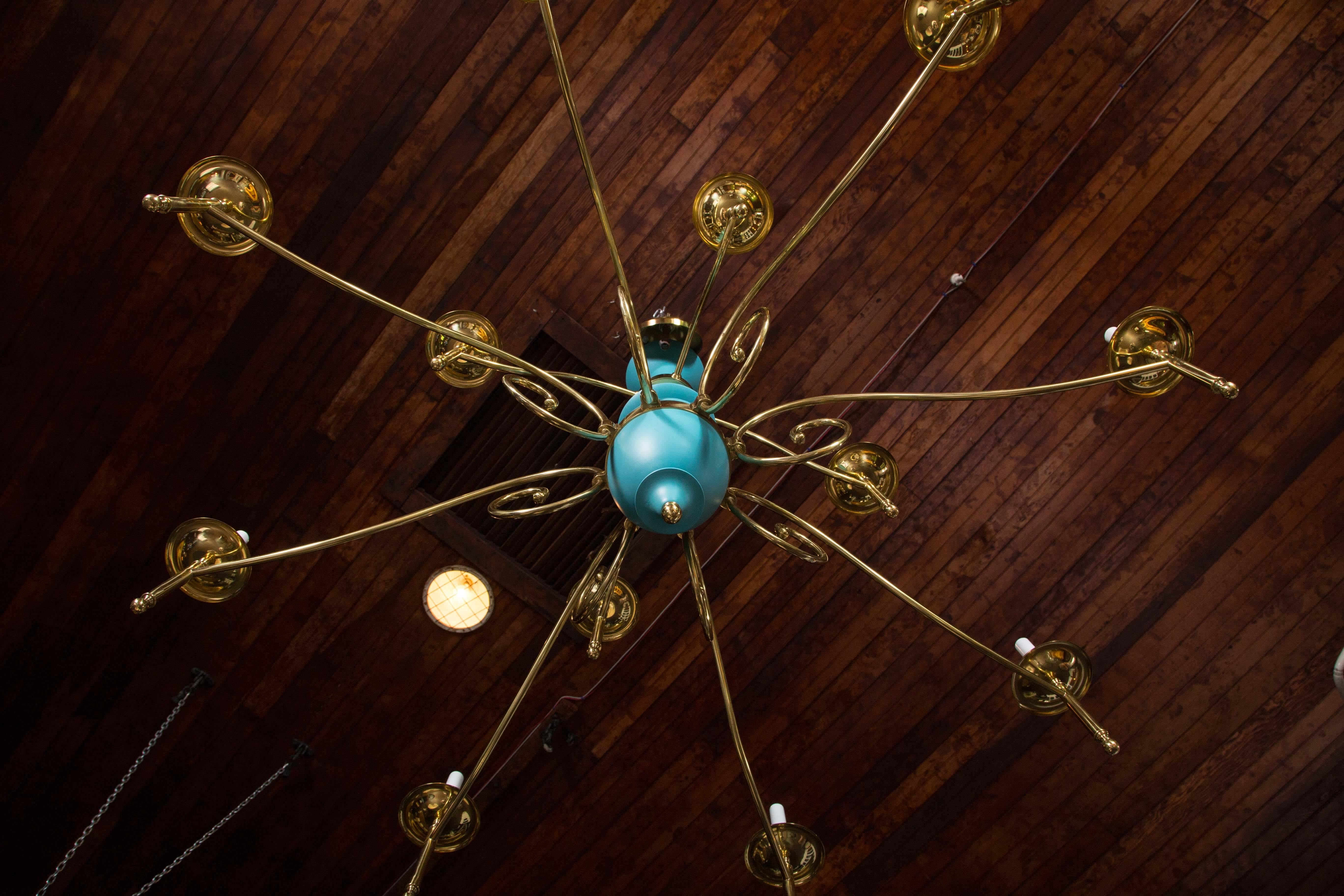 Late 20th Century Large Department Store Chandelier, Robin's Egg Blue and Brass For Sale