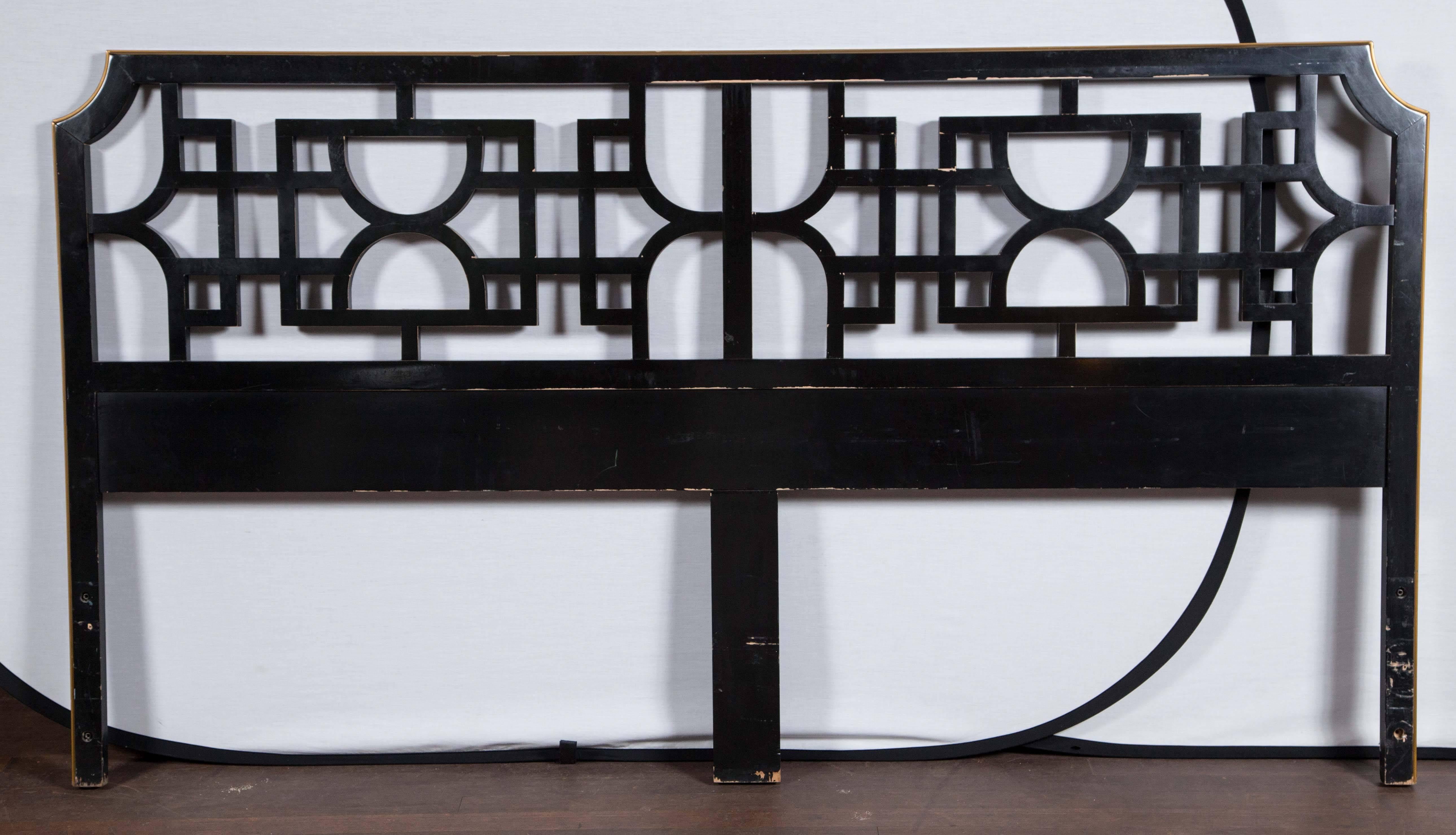 Black lacquer and gilt trim lattice, solid wood king-size headboard. Paint finish has wear, but a high quality and substantial piece.