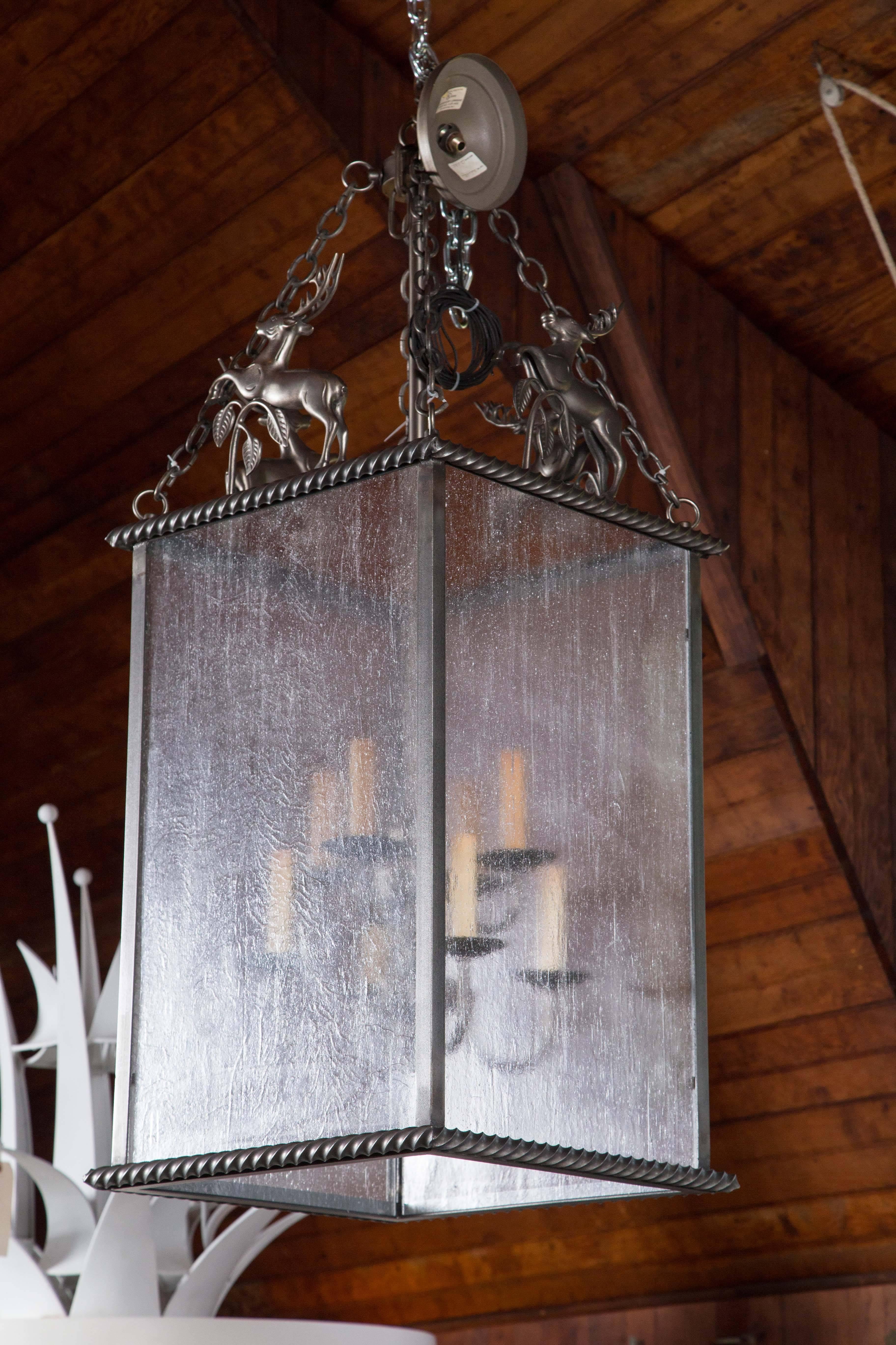 Custom-made leaping stag lantern new -old 1970s stock. Eight lights. Slag glass. Pewter type finish.