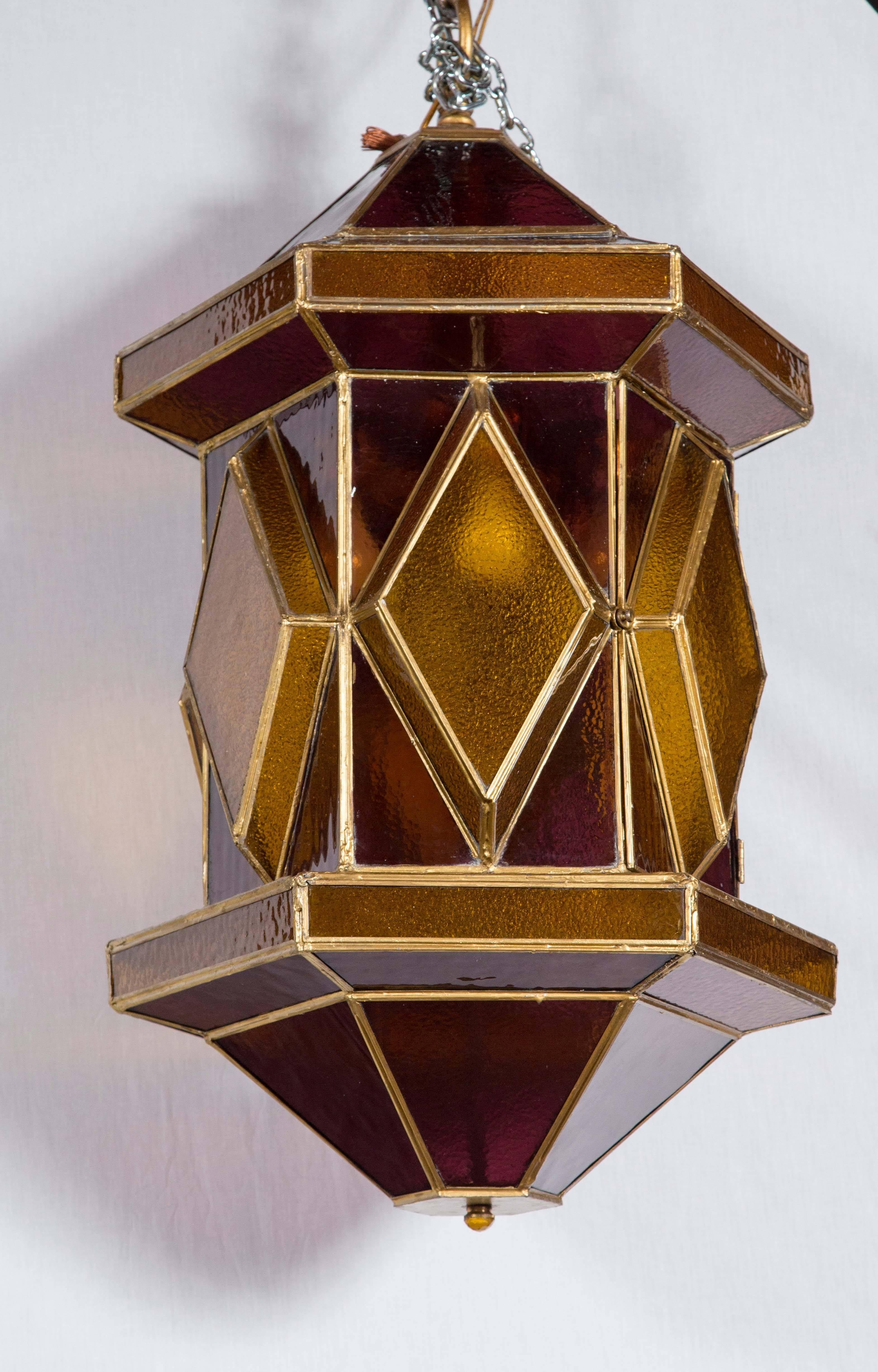 Large amethyst and gold glass Moroccan lantern. Six standard sockets.