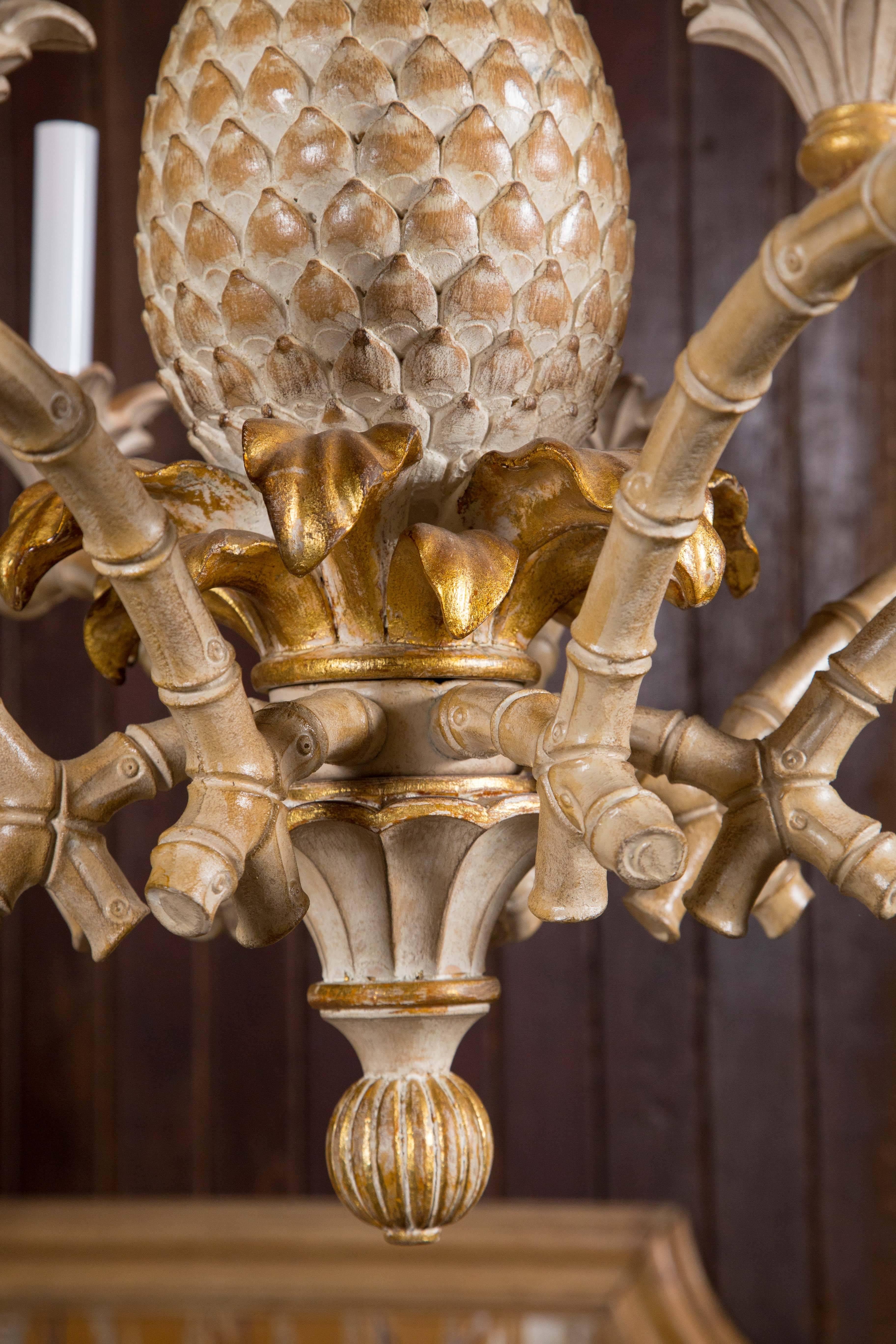 Italian Carved Wood Pineapple Chandelier In Excellent Condition For Sale In Stamford, CT