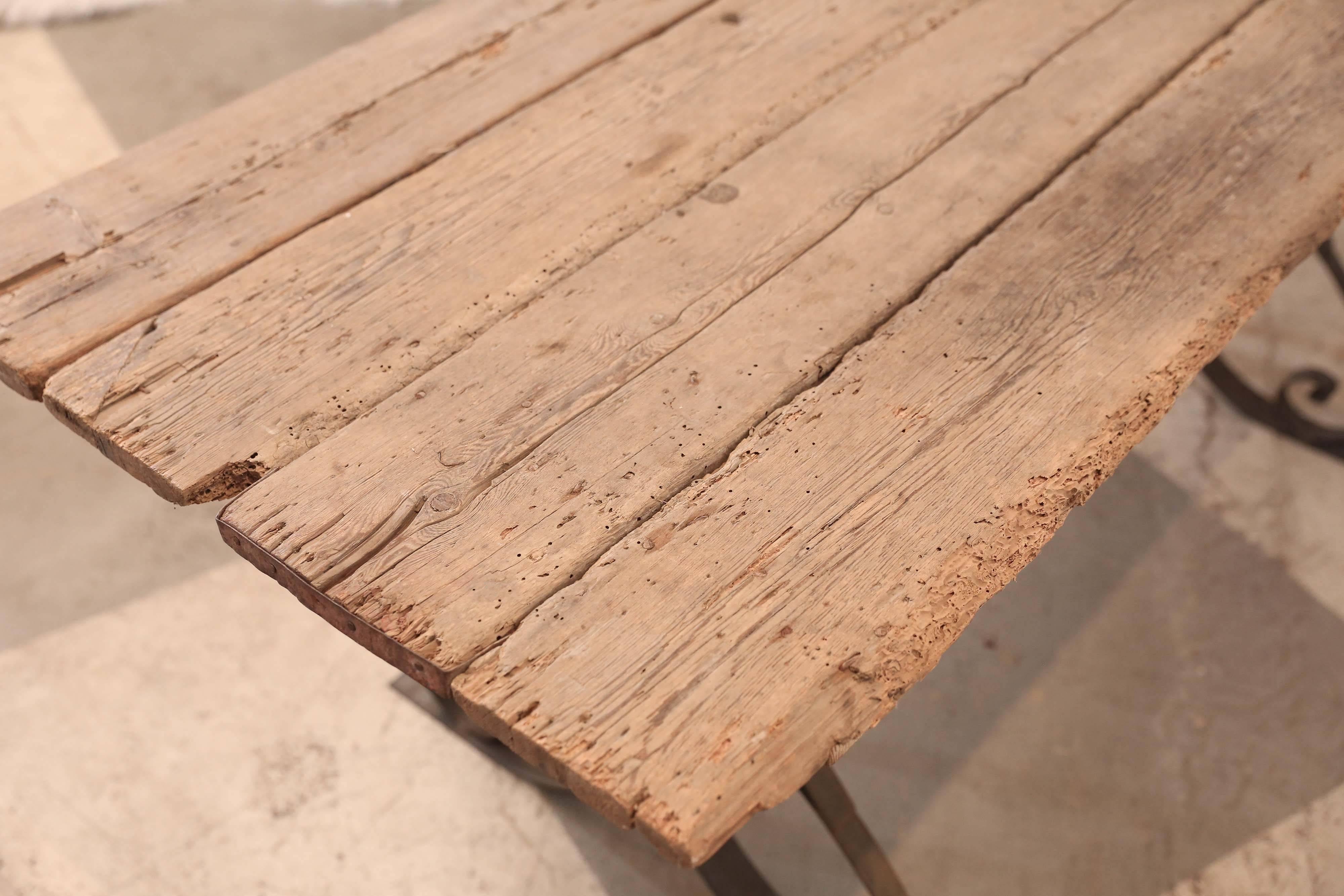 Long Antique French Oak & Iron Wine Table  In Distressed Condition In Houston, TX