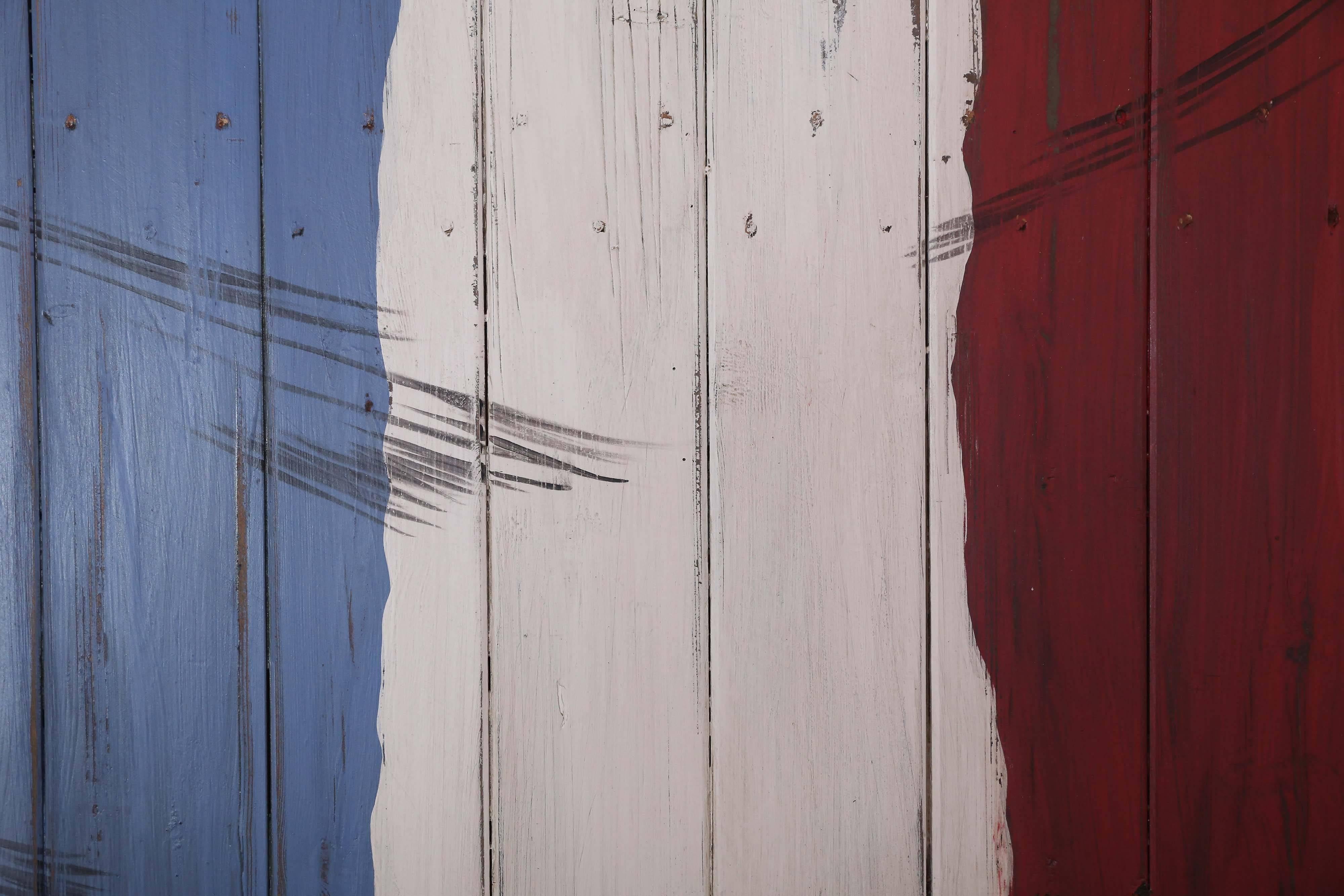 Large Antique French Barn Door with Flag of France Painting In Good Condition In Houston, TX