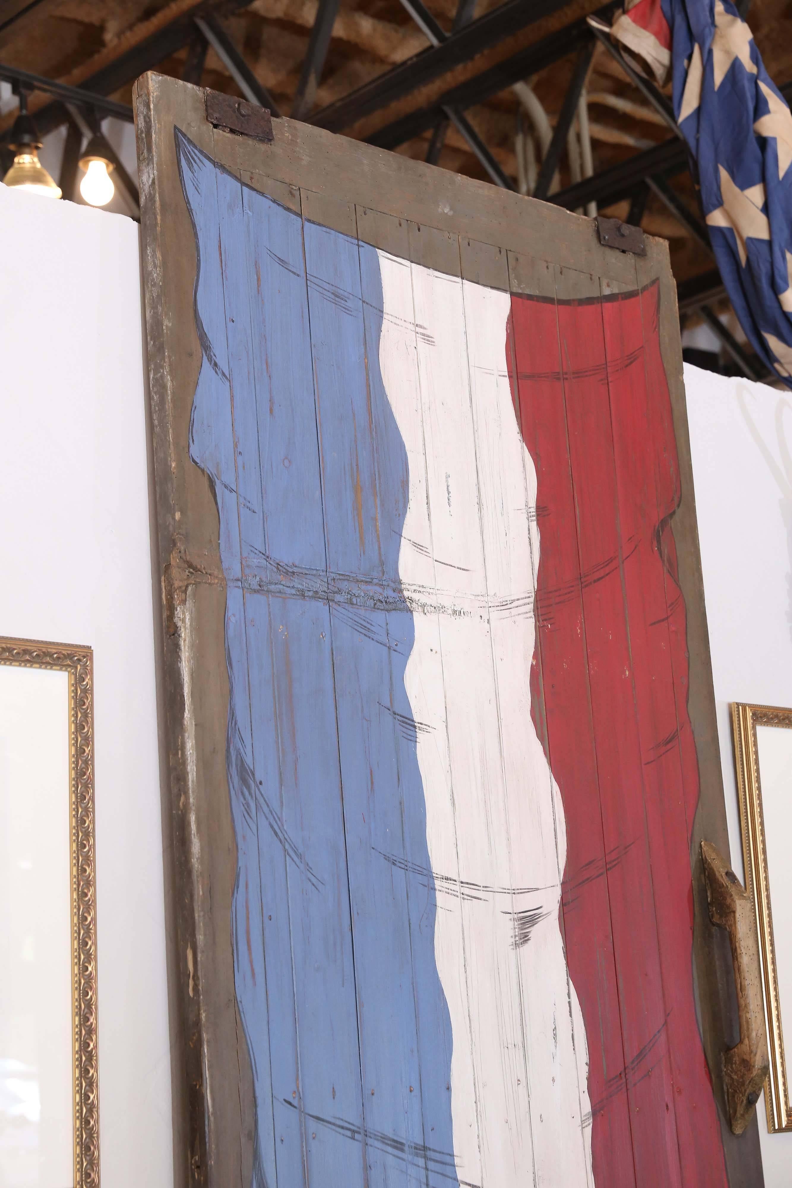 Wood Large Antique French Barn Door with Flag of France Painting