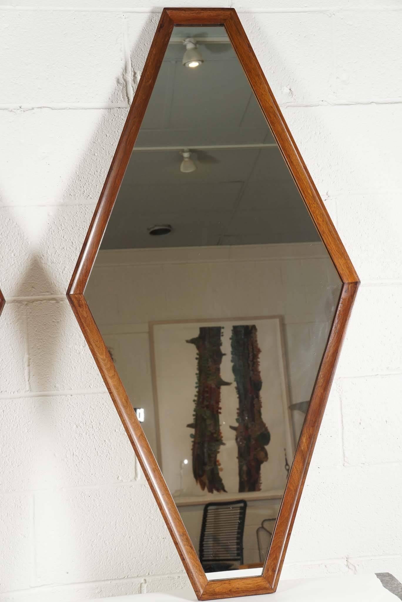 American Pair of Diamond Shaped Mirrors with Wood Surround