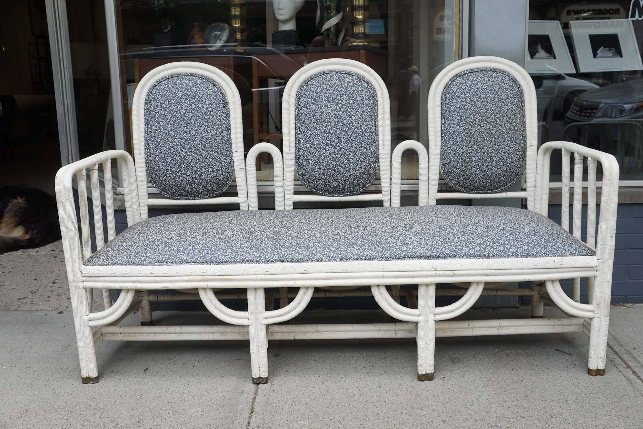 Here is a six-piece set of white wicker furniture with upholstered seats.
The set includes a sofa, two armchairs, two petite chairs and a table ottoman.
The pieces are in good vintage condition with slight wear and patina.
The measurements shown