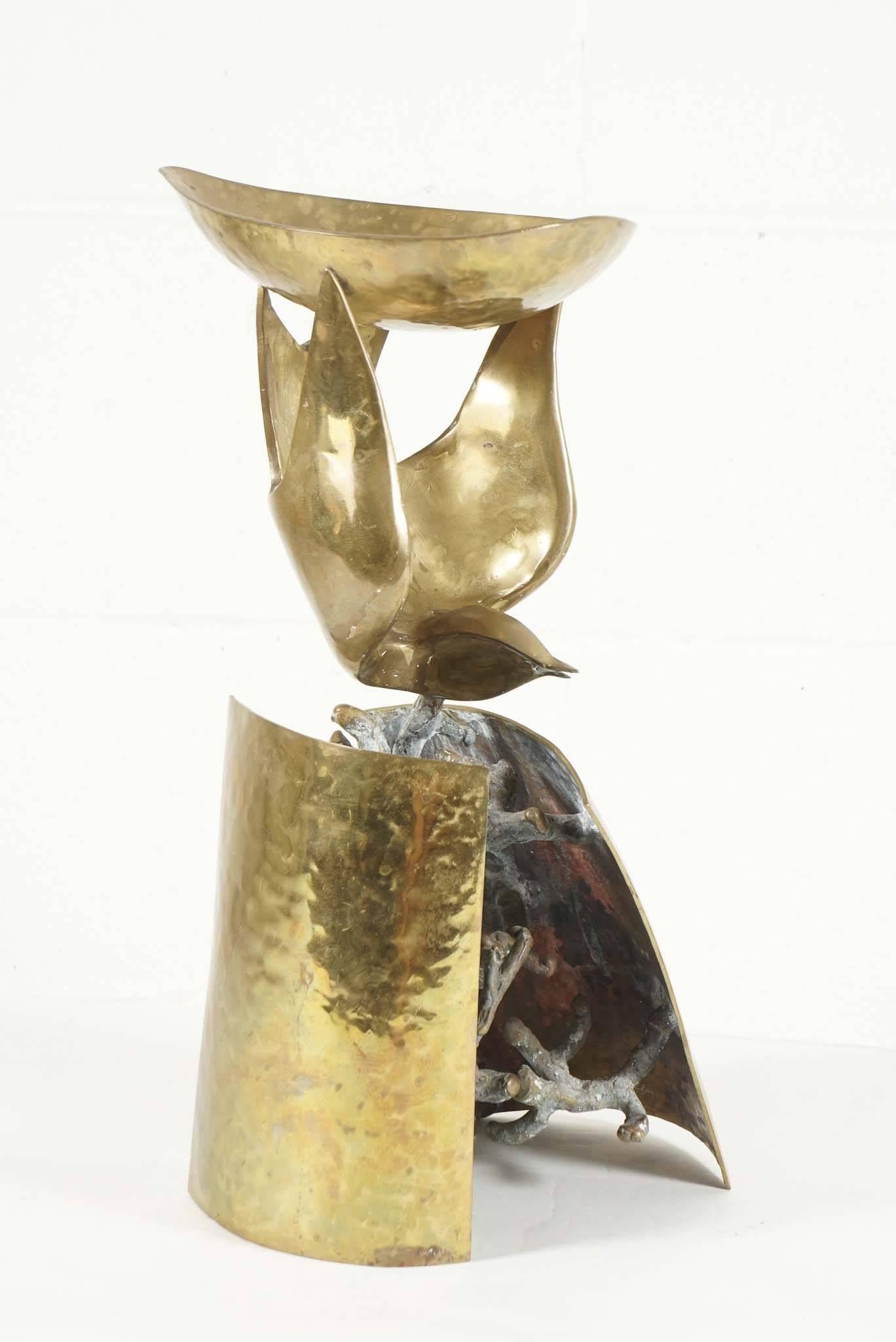 Here is a modern brass sculpture by O.V. Shaffer of a dove on top of an oxidized coral branch with a wall surround and a tray top. This is a great sculpture that also functions as a key or coin holder.