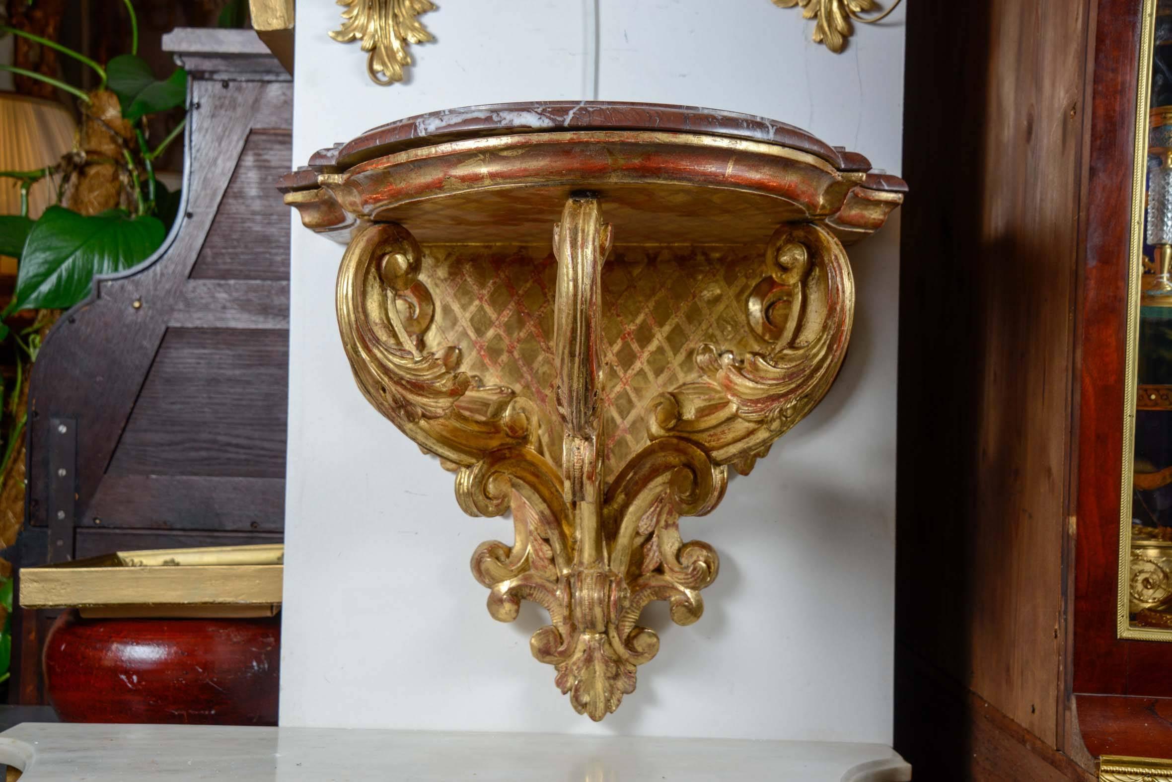 Gilt Pair of Gilded Wood Italian Wall Consoles For Sale