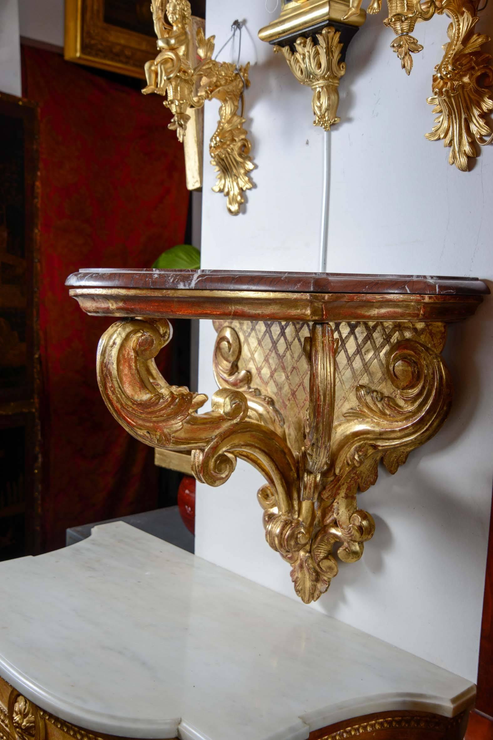 19th Century Pair of Gilded Wood Italian Wall Consoles For Sale