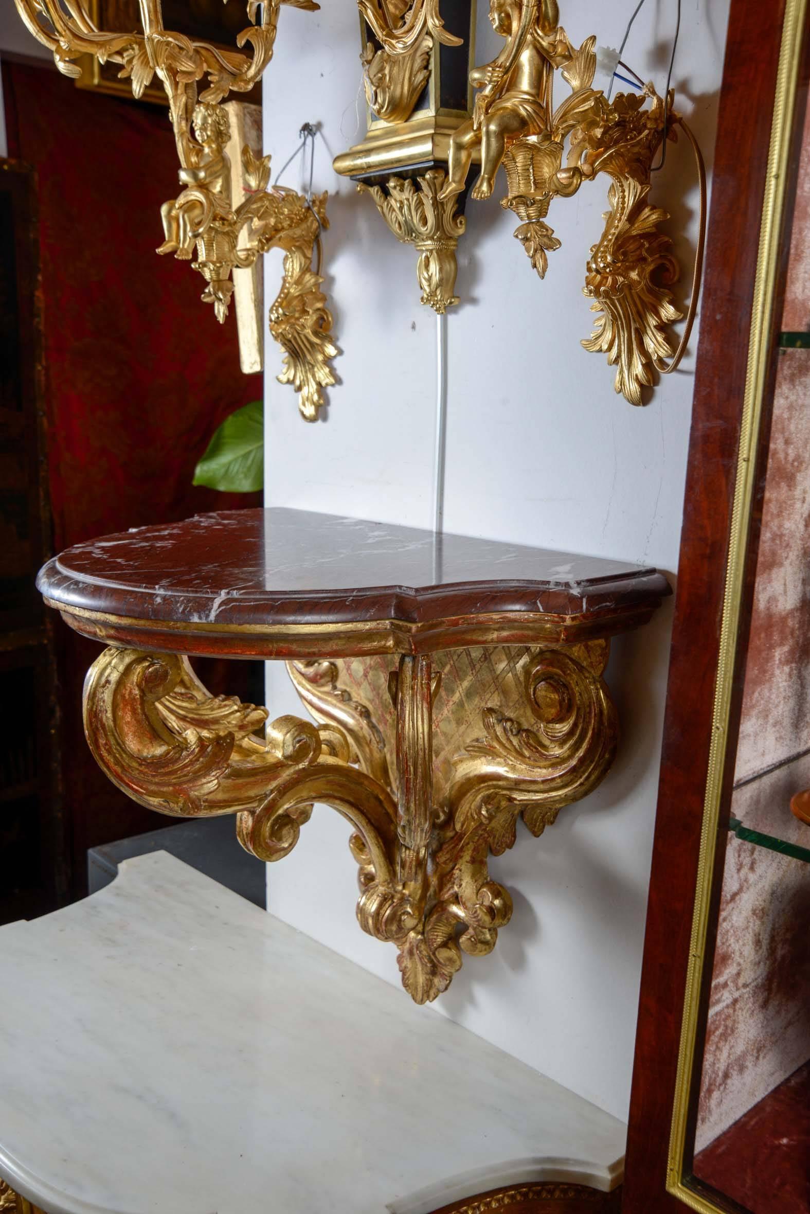 Griotte Marble Pair of Gilded Wood Italian Wall Consoles For Sale
