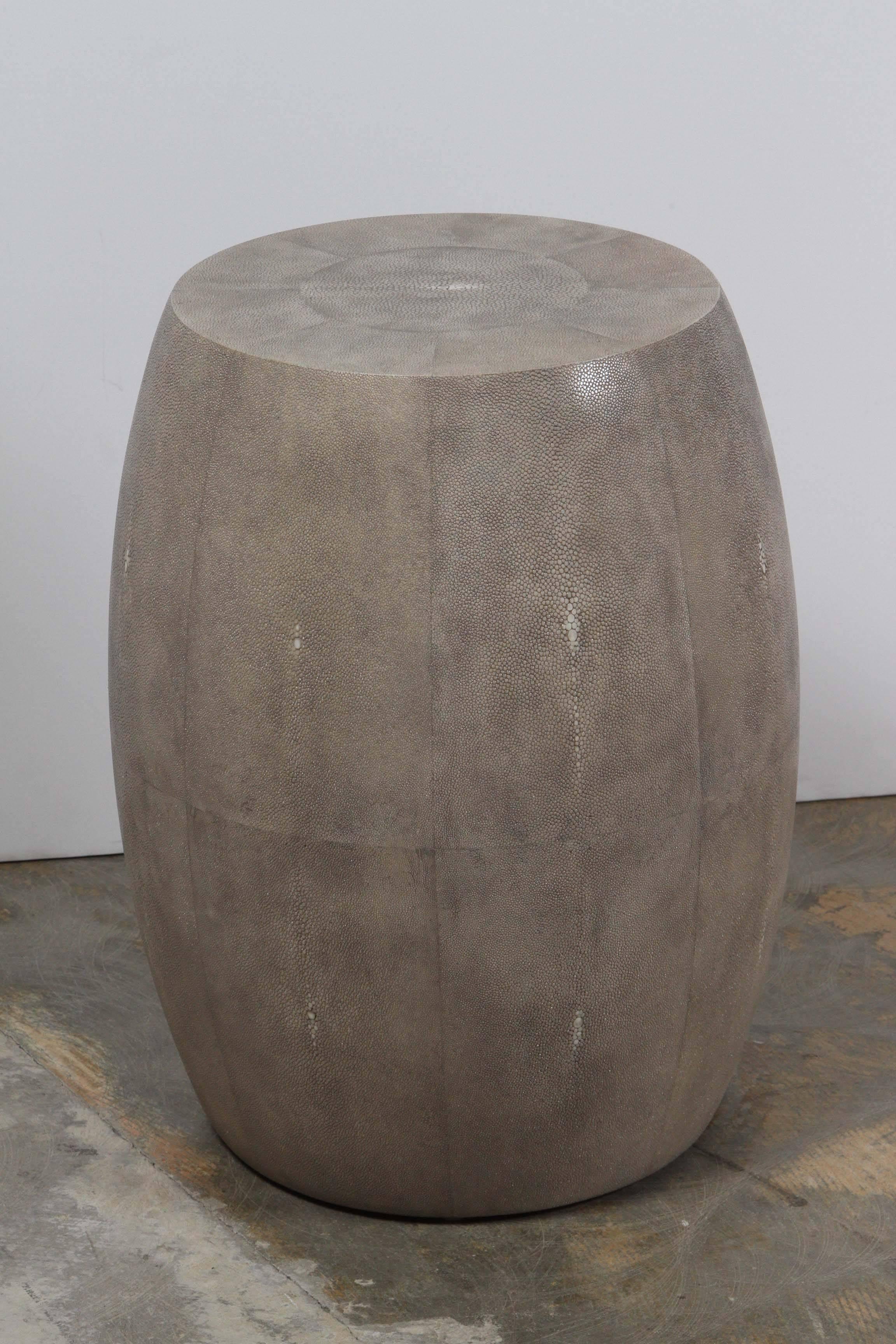 Shagreen drum tables, main photo shown pair in charcoal and other photos shown in natural cream/ivory. Can be ordered as single or mixed color pairs. The top is 12in diameter. Price quoted of $2850 is per table. By order.