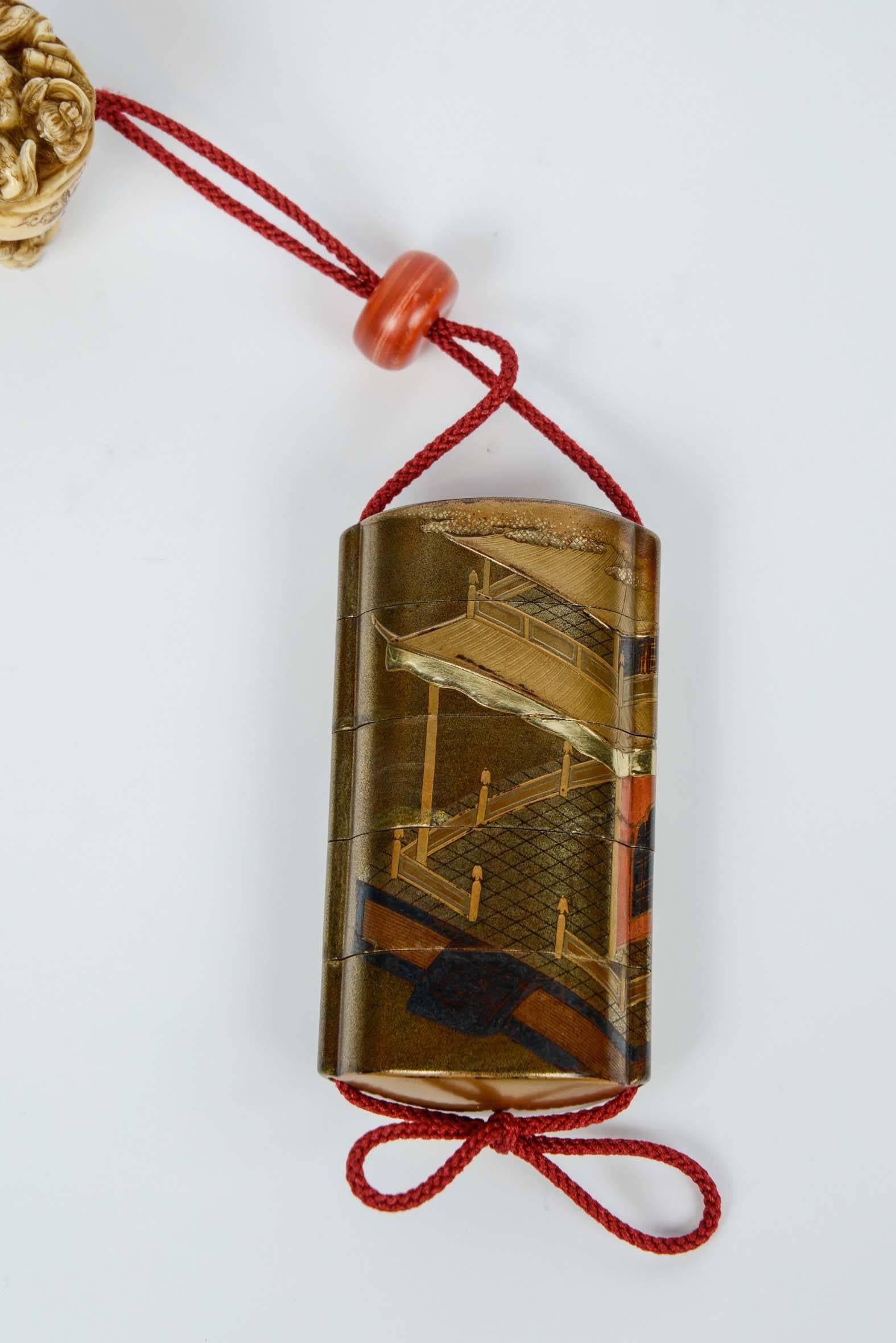 19th Century Japanese Gold Lacquered Inro and Netsuke 'Pill Box'