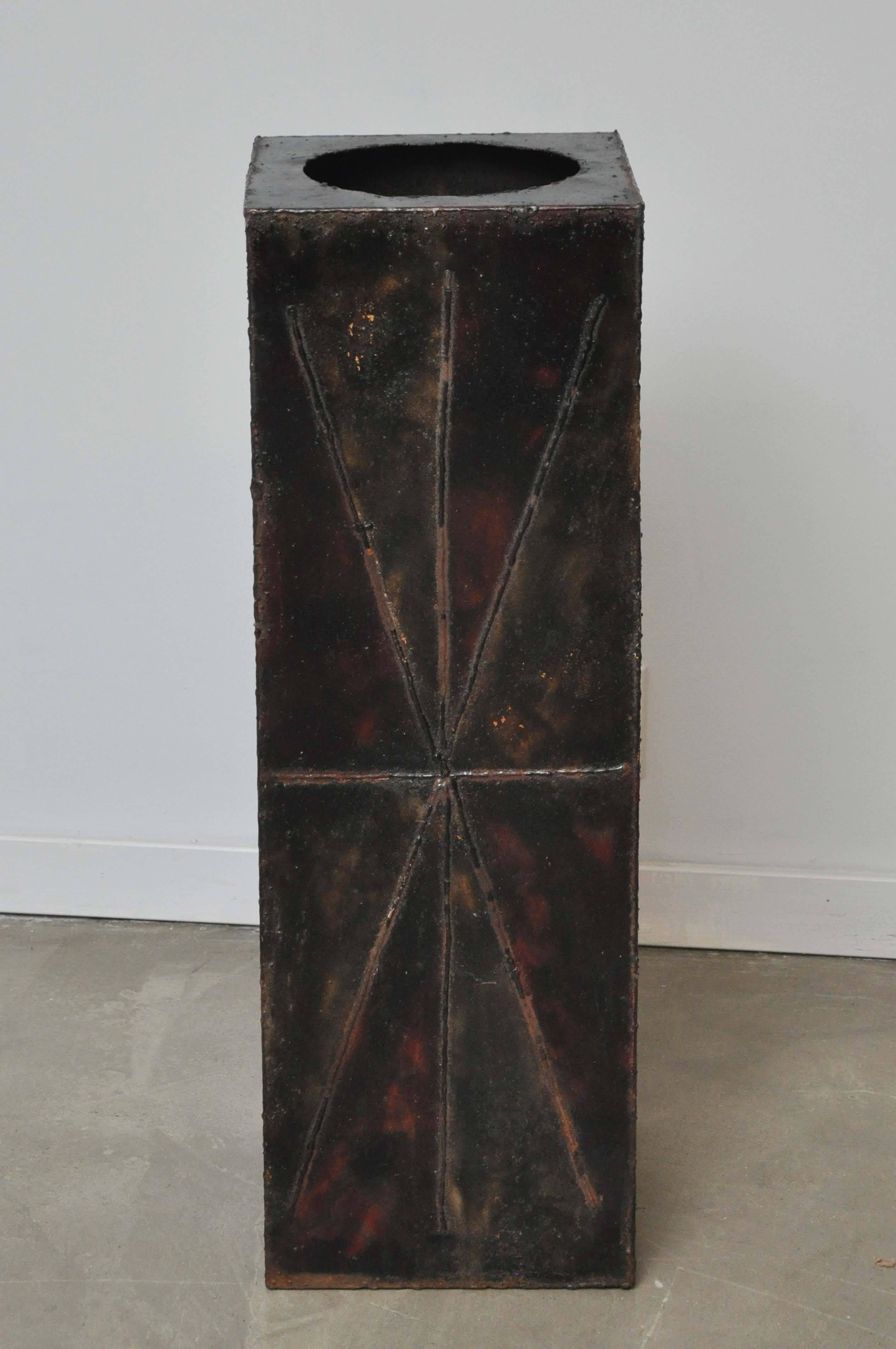 Rare large-scale planter by Paul Evans. Welded patinated steel still retains some color. Could add slate top to make a pedestal.