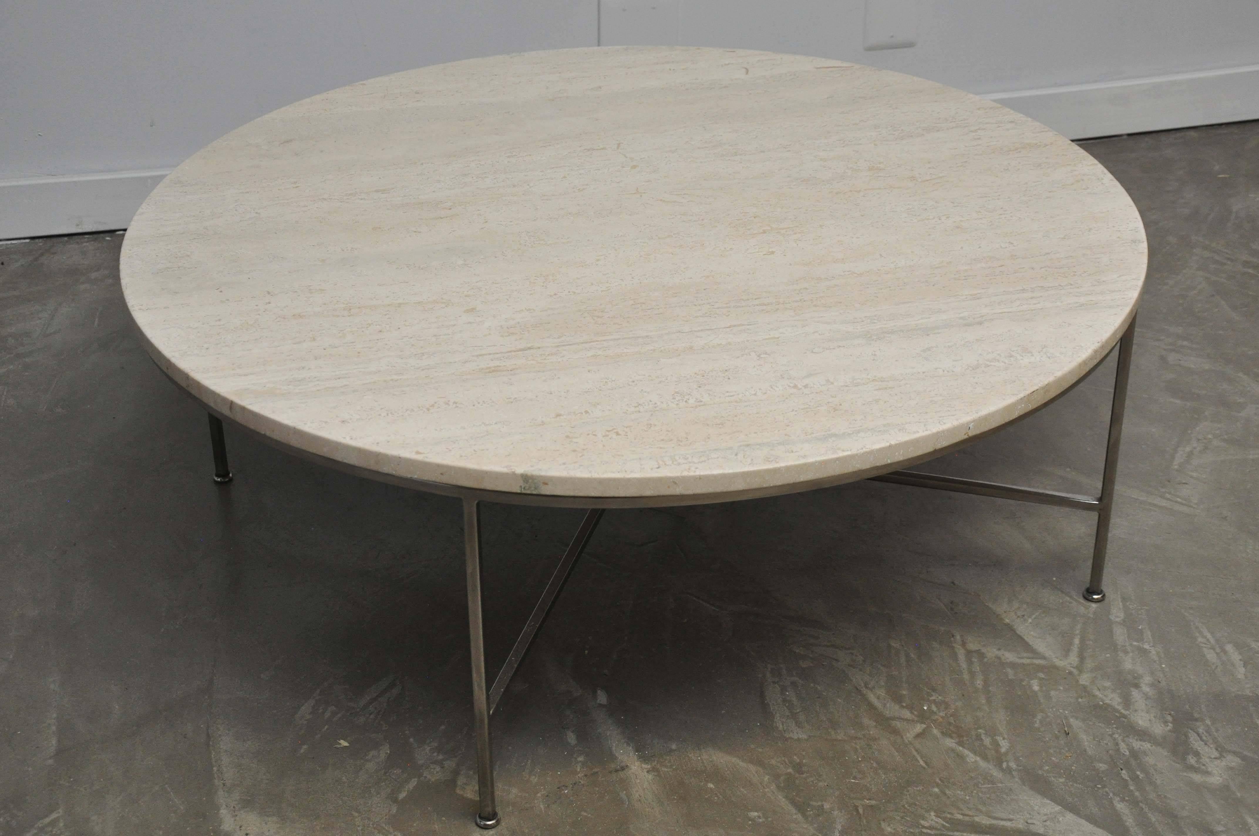 Travertine top coffee table on round nickel X-base by Paul McCobb.