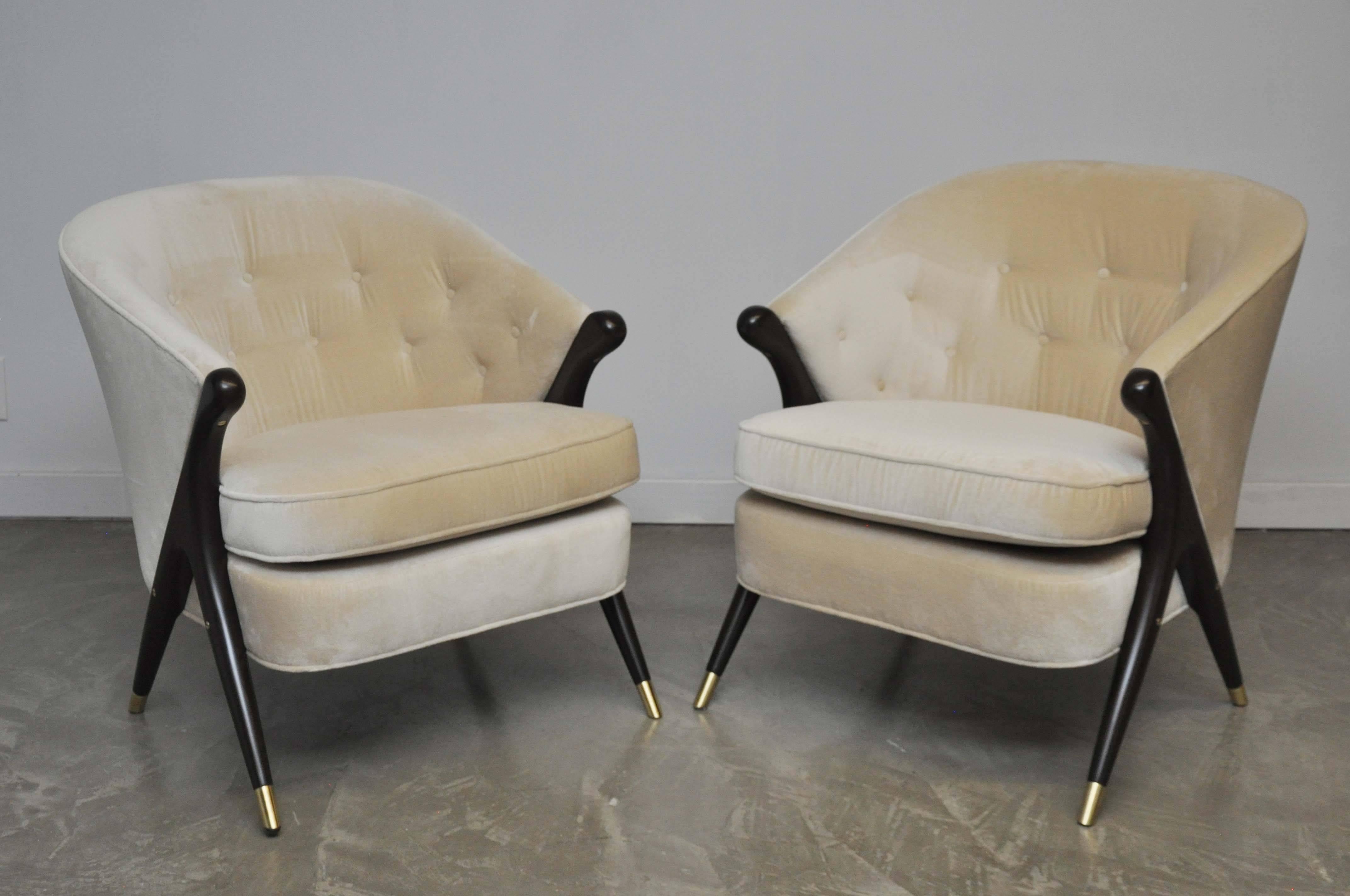 Pair of scissor chairs by Karpen. Fully restored. Refinished frames in dark espresso tone with brass details. New silk mohair upholstery.