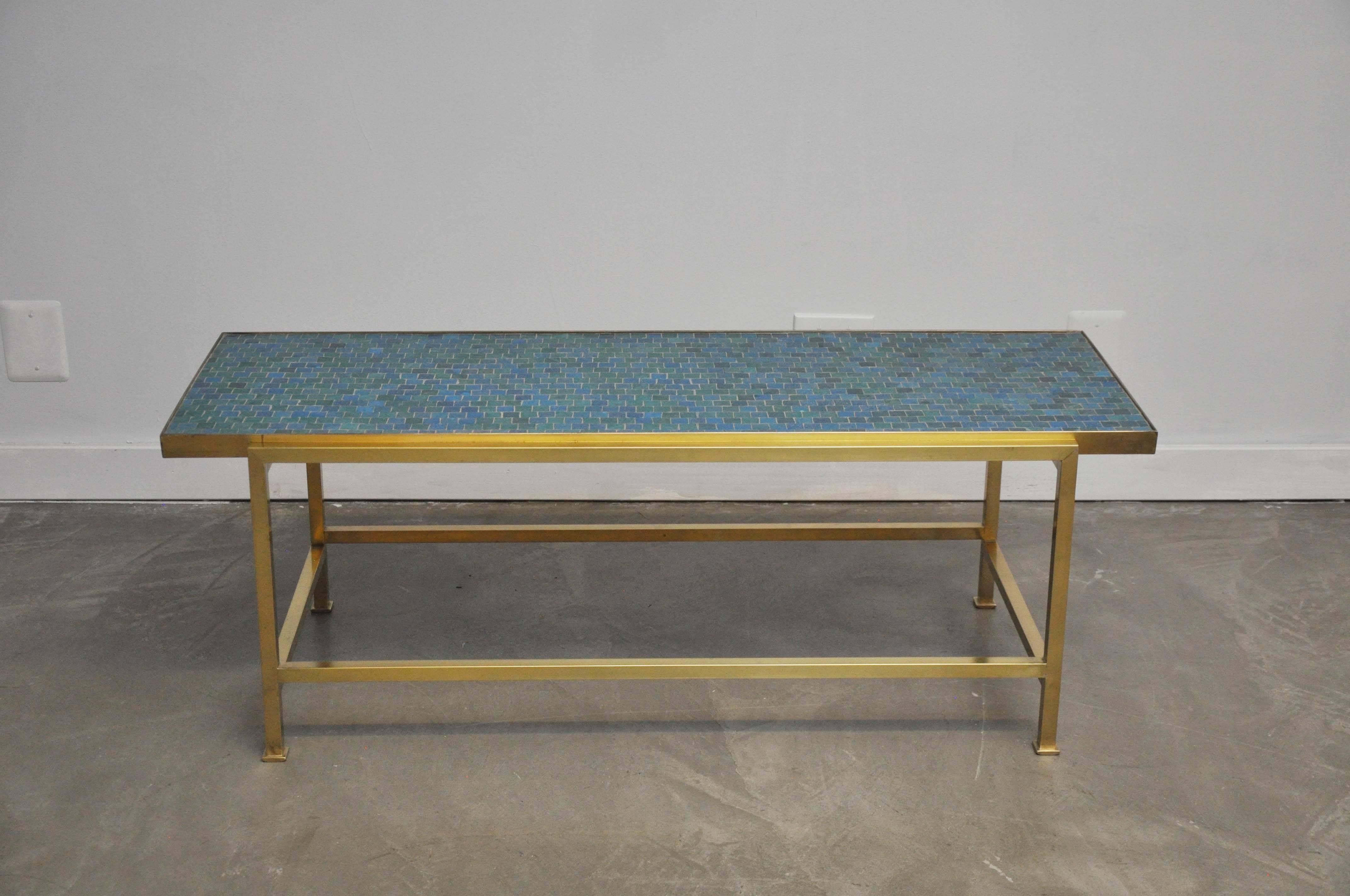 Brass base bench with blue Murano glass tile top. Designed by Edward Wormley for Dunbar.