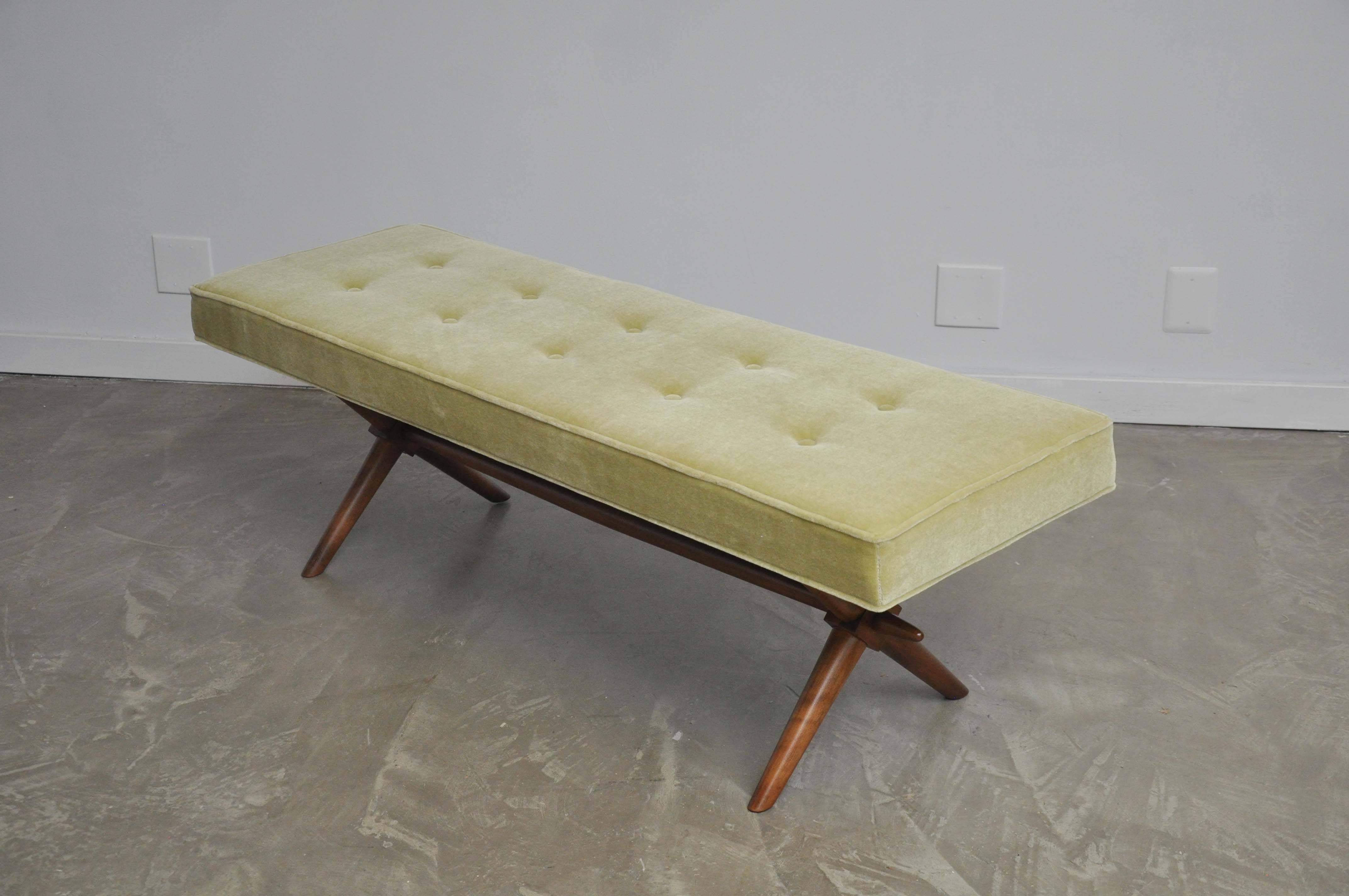 X-base bench by T.H. Robsjohn-Gibbings. Fully restored. Refinished and reupholstered in mohair.