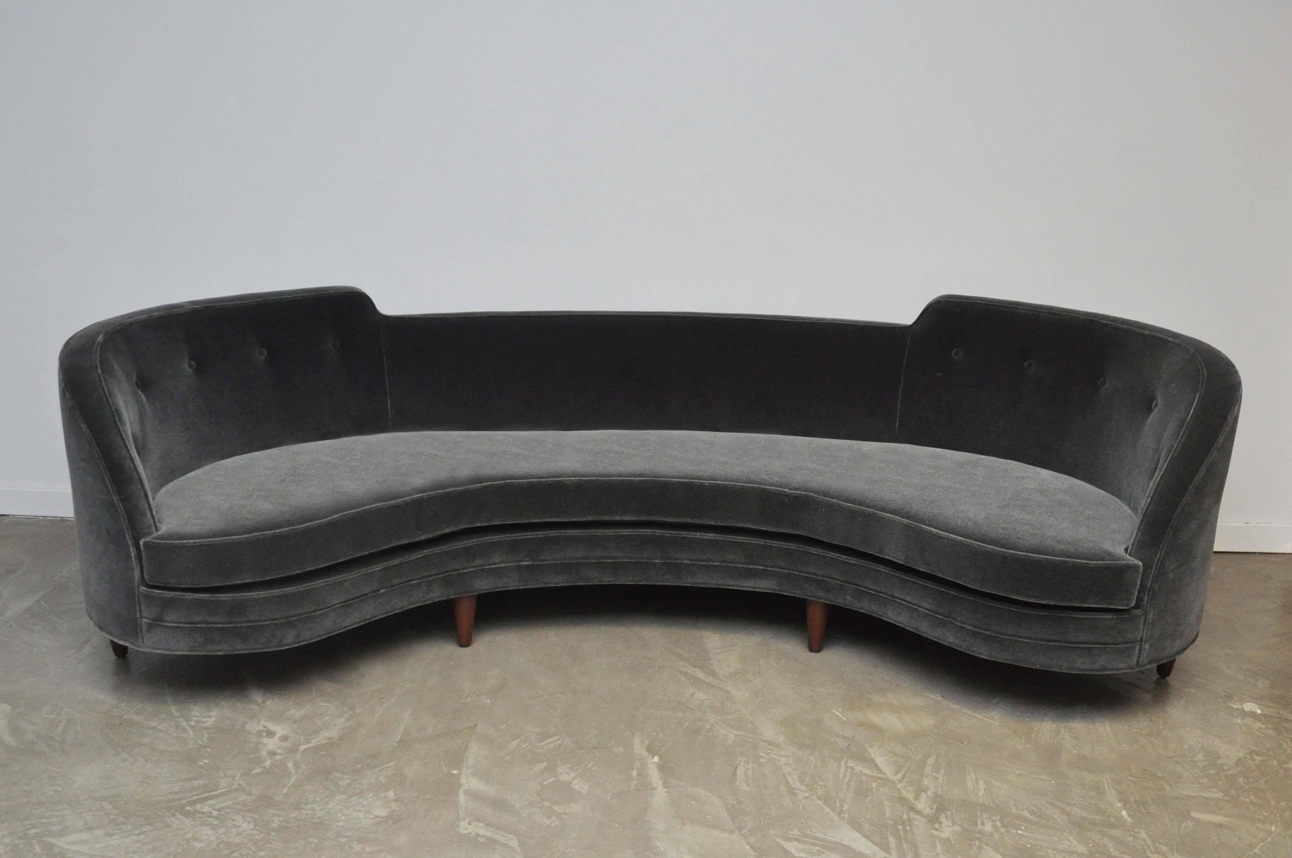 Oasis sofa designed by Edward Wormley for Dunbar. Fully restored. New charcoal mohair upholstery. Rare design, circa 1950.