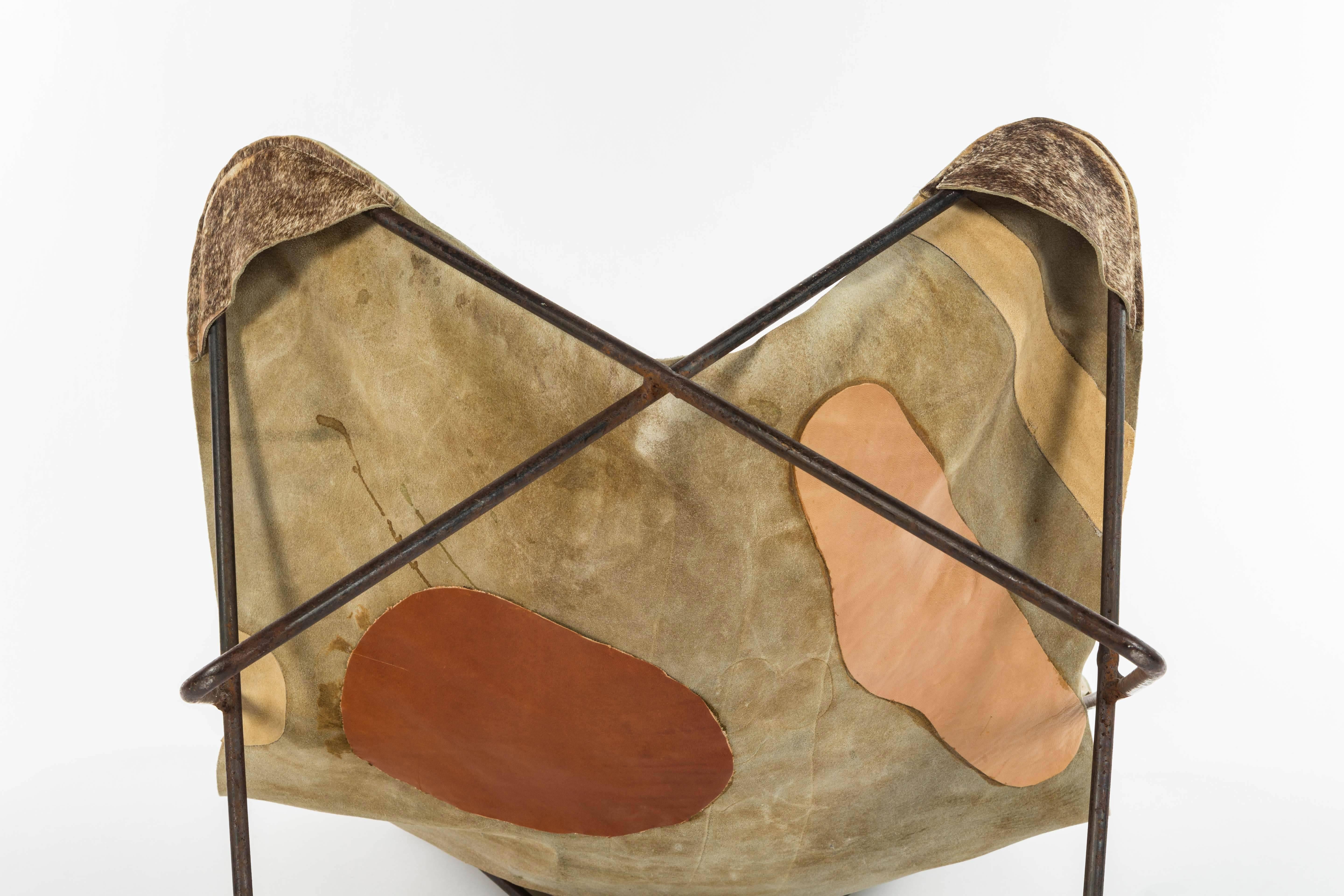 Italian Pony Hair on Hide Butterfly Chair, c. 1960 In Distressed Condition In Chicago, IL