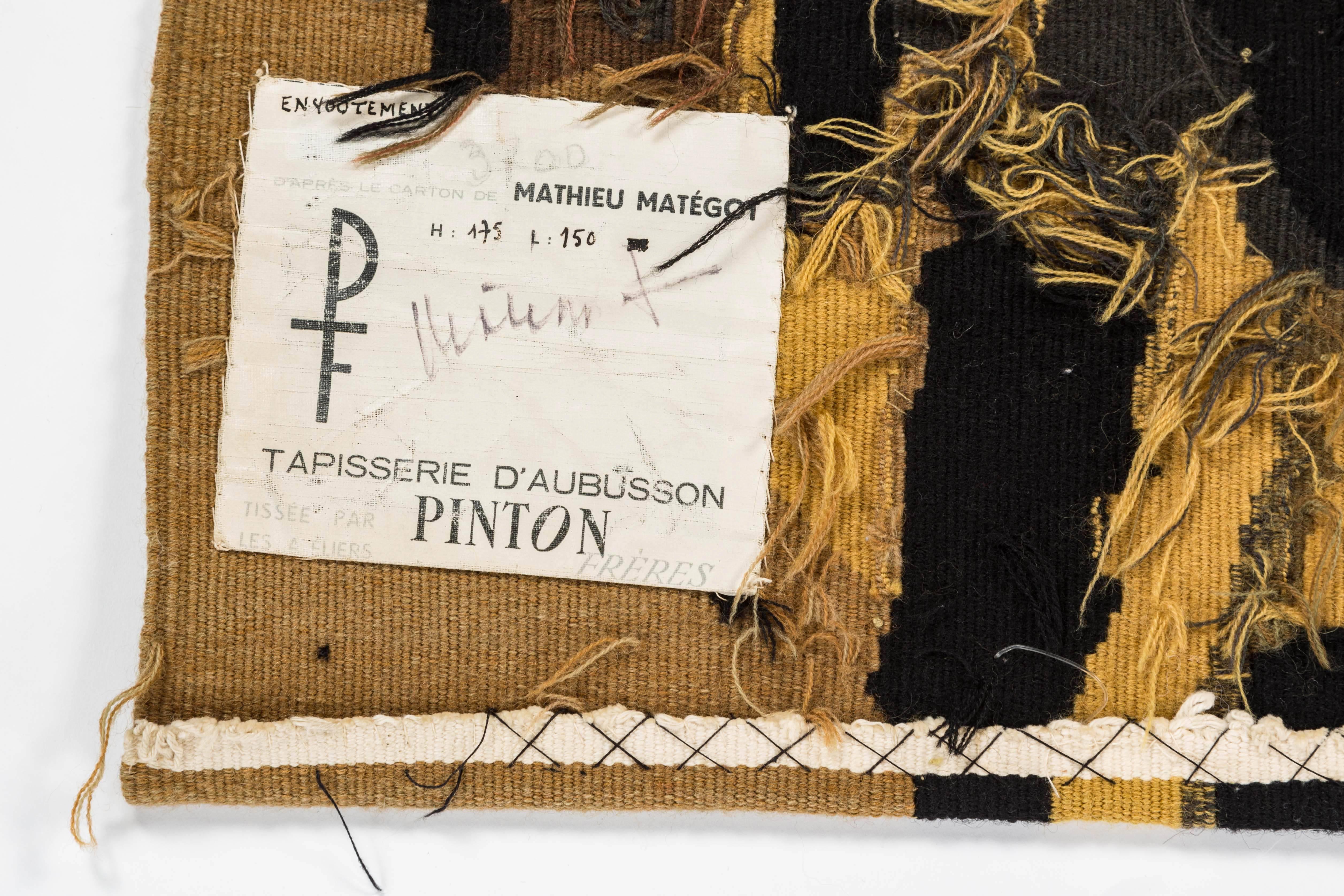 Mathieu Matégot Signed Aubusson Tapestry for Pinton, France 1960s For Sale 1