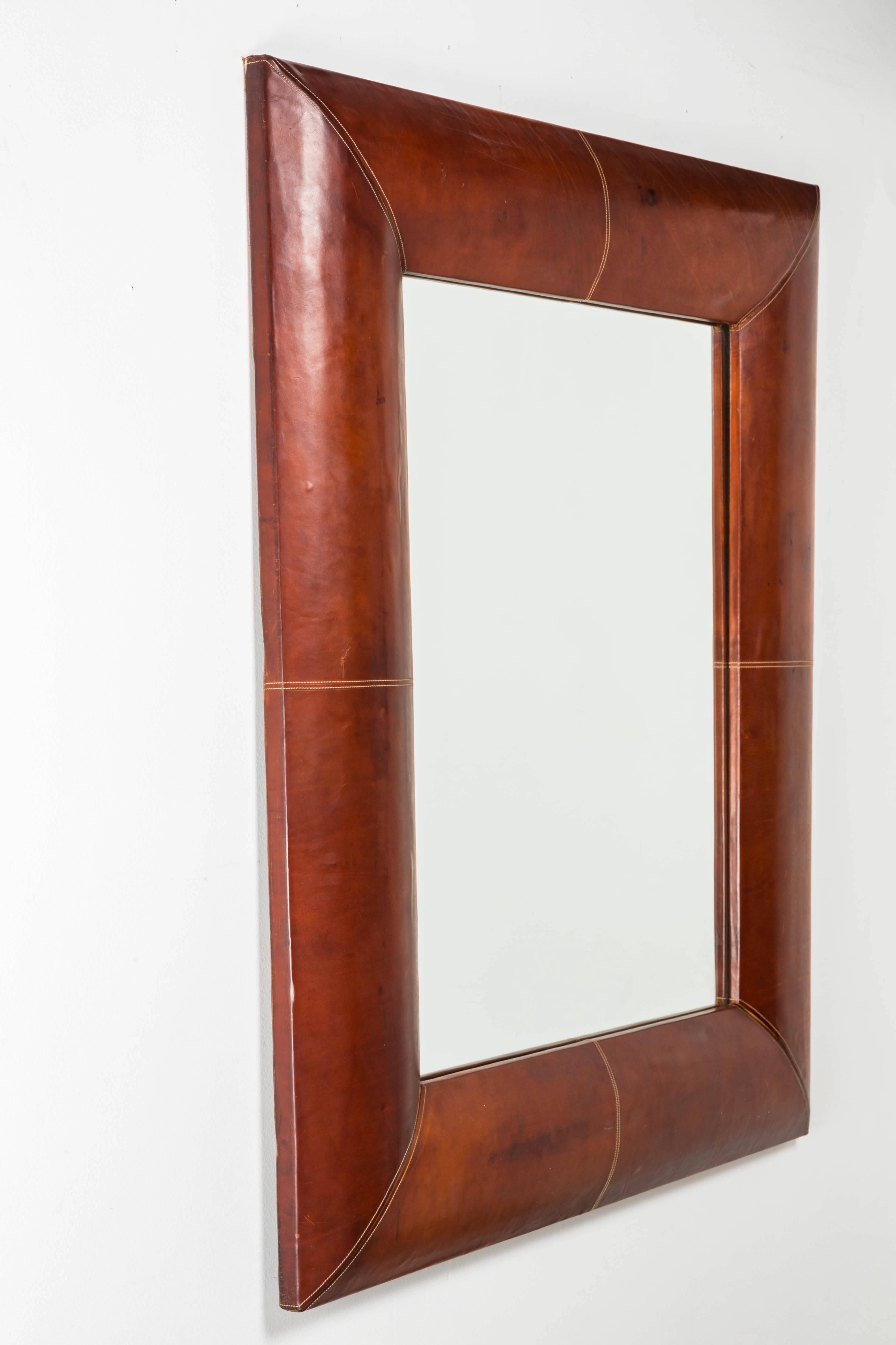 Large French Mirror with Stitched Leather For Sale 4
