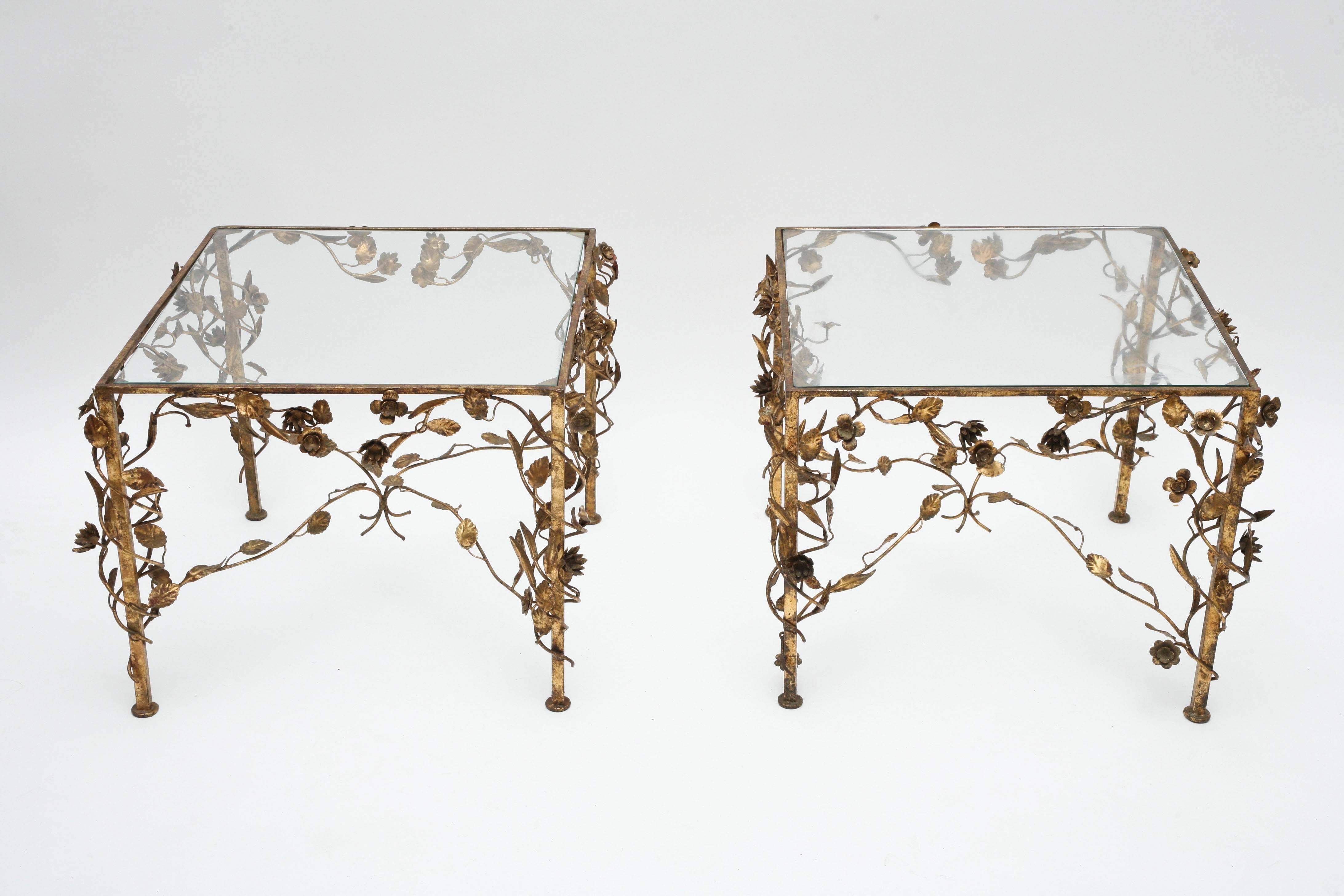 Gorgeous foliage style Hollywood Regency gold and glass side tables, 1950s, USA.