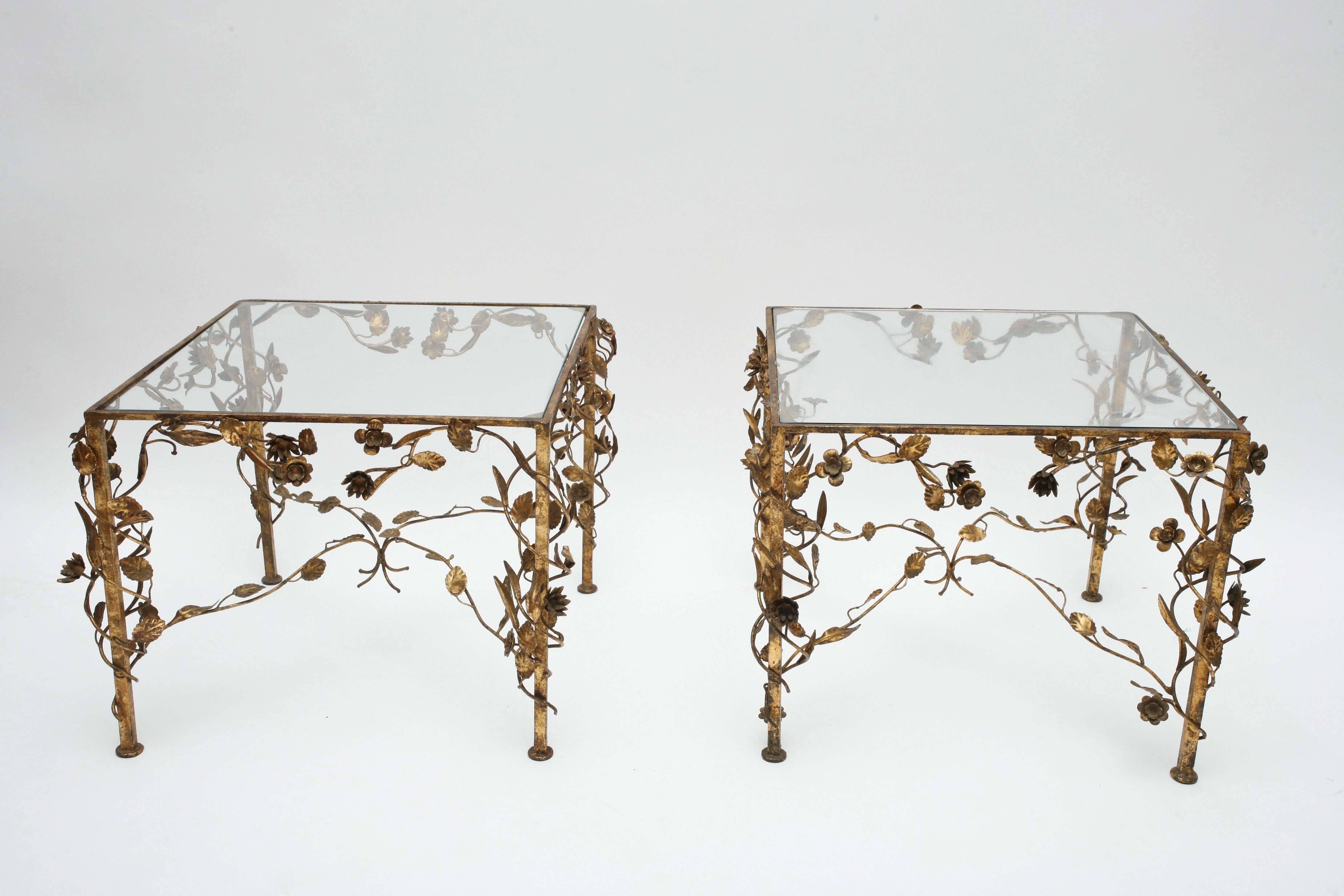 American Hollywood Regency Gold and Glass Side Tables, 1950s, USA For Sale