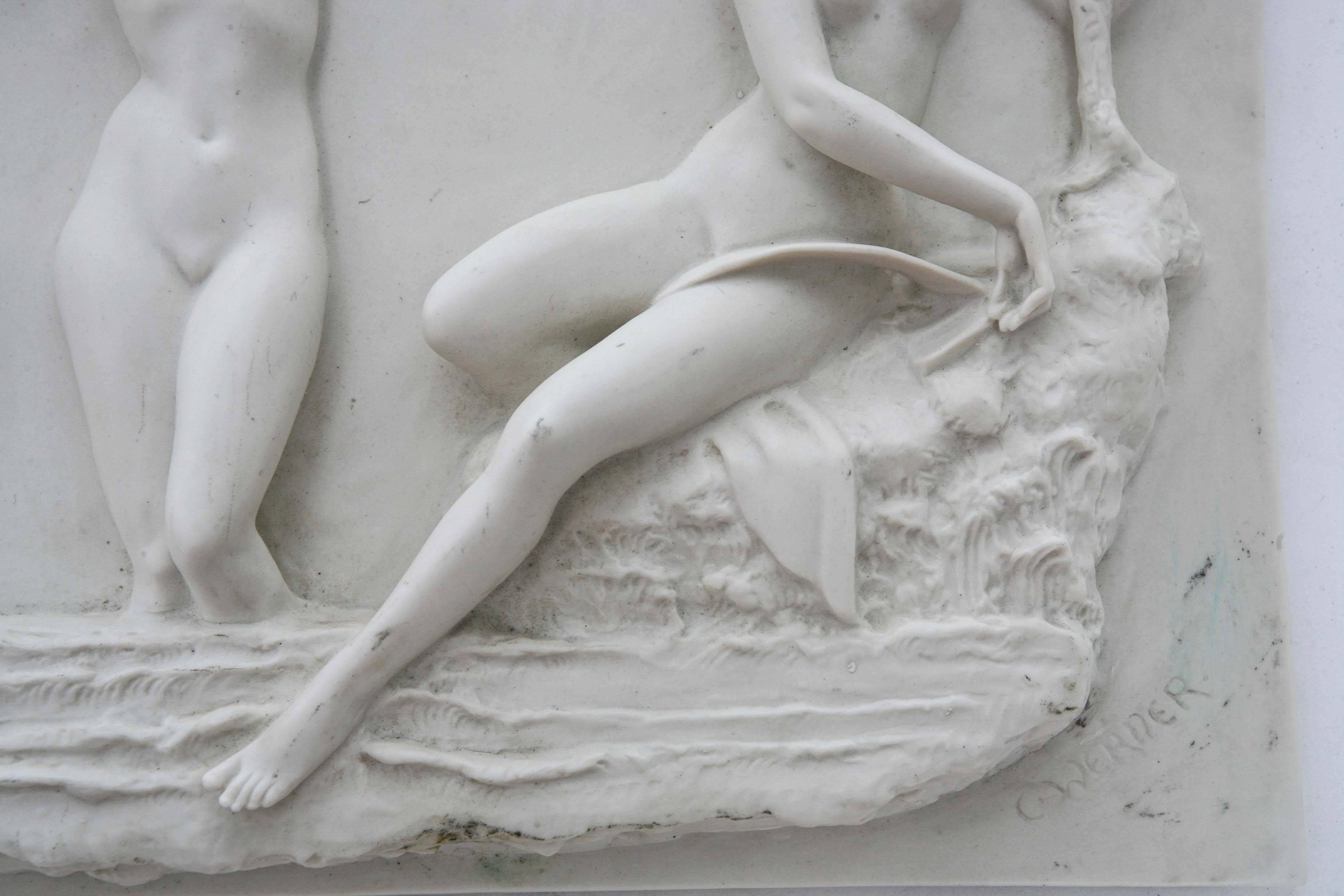 Vintage Art Deco German Carl Werner Bisque Sculptural Female Nudes Plaque In Good Condition In Miami, FL