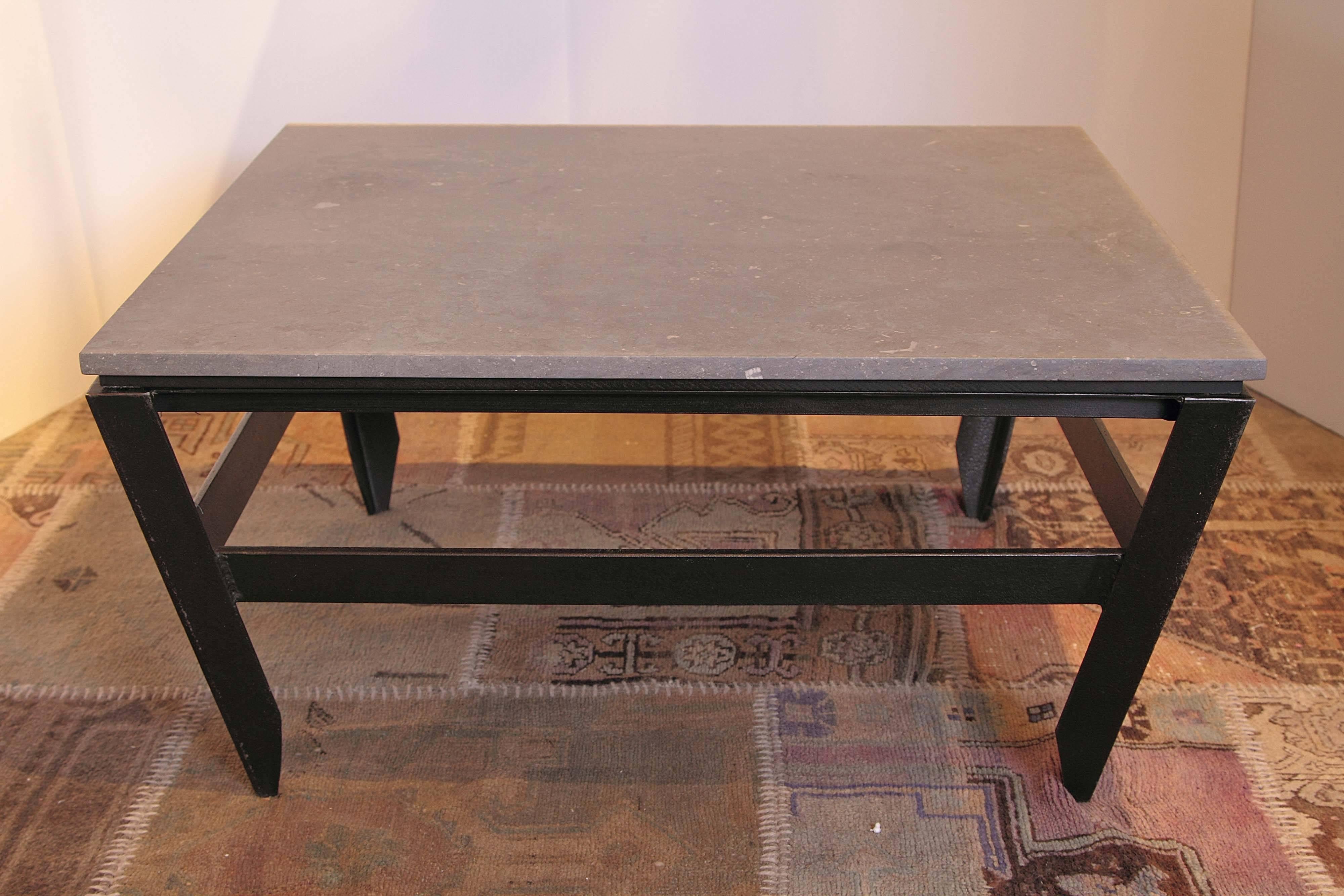 French Modern Angled Coffee Table.1960s slanted leg design table base .
Jura grey limestone top
Origin: France, 1960s.