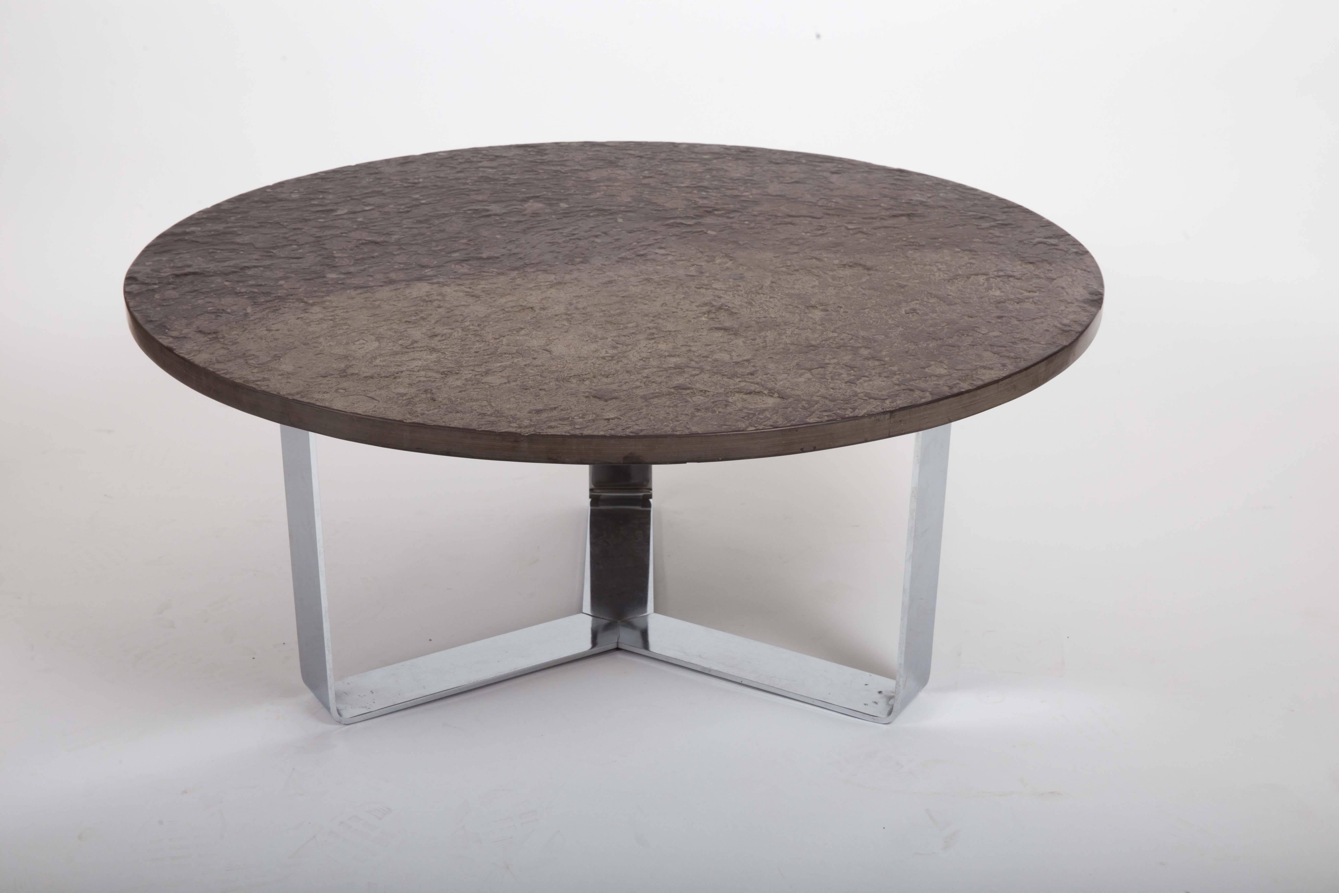 Round Brazilian Limestone and Chrome Coffee Table, c. 1970s 1