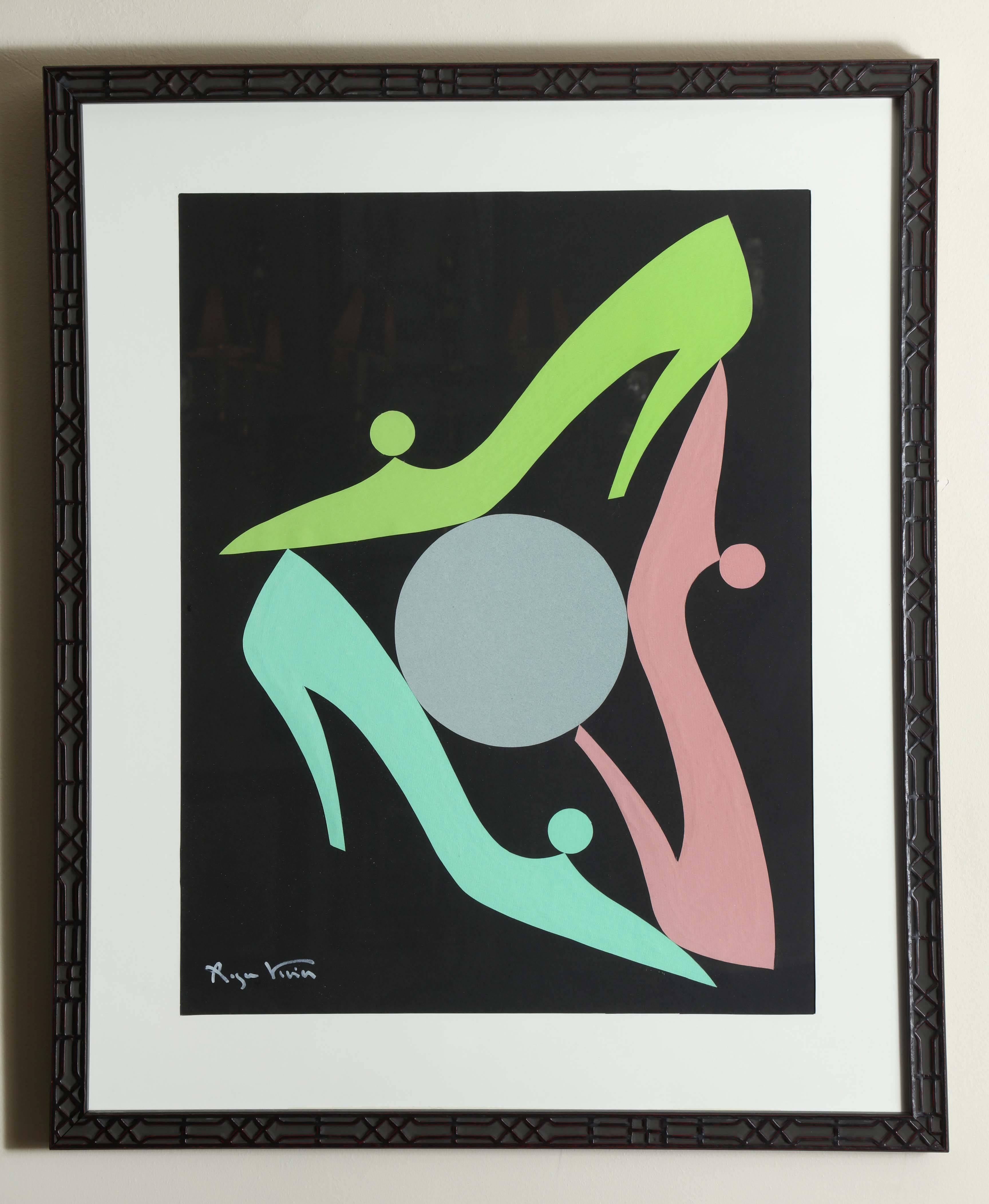 Colored construction paper cut-outs inspired by Matisse of stiletto heels in rose, apple green, and pea green encircling a grey circle on a black ground by the acclaimed shoe designer Roger Vivier (French, 1913-1998). Mounted by artist on cardboard.