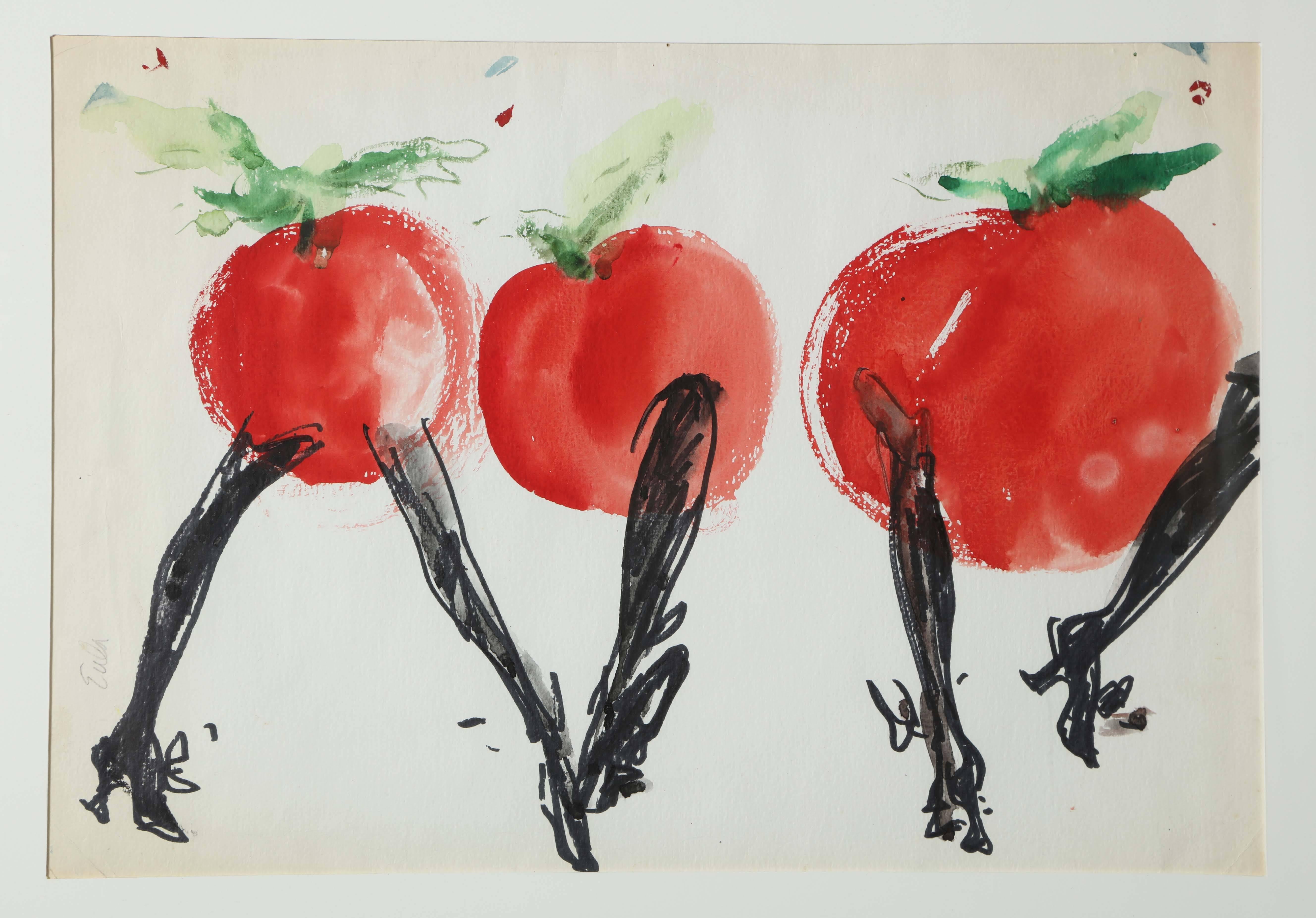 Original watercolor and marker work on paper by Joe Eula depicting three tomatoes with black stockinged legs. Most likely created for a ballet or dance program. Signed left in pencil. Dimensions listed are framed. Acquired from the artist by the
