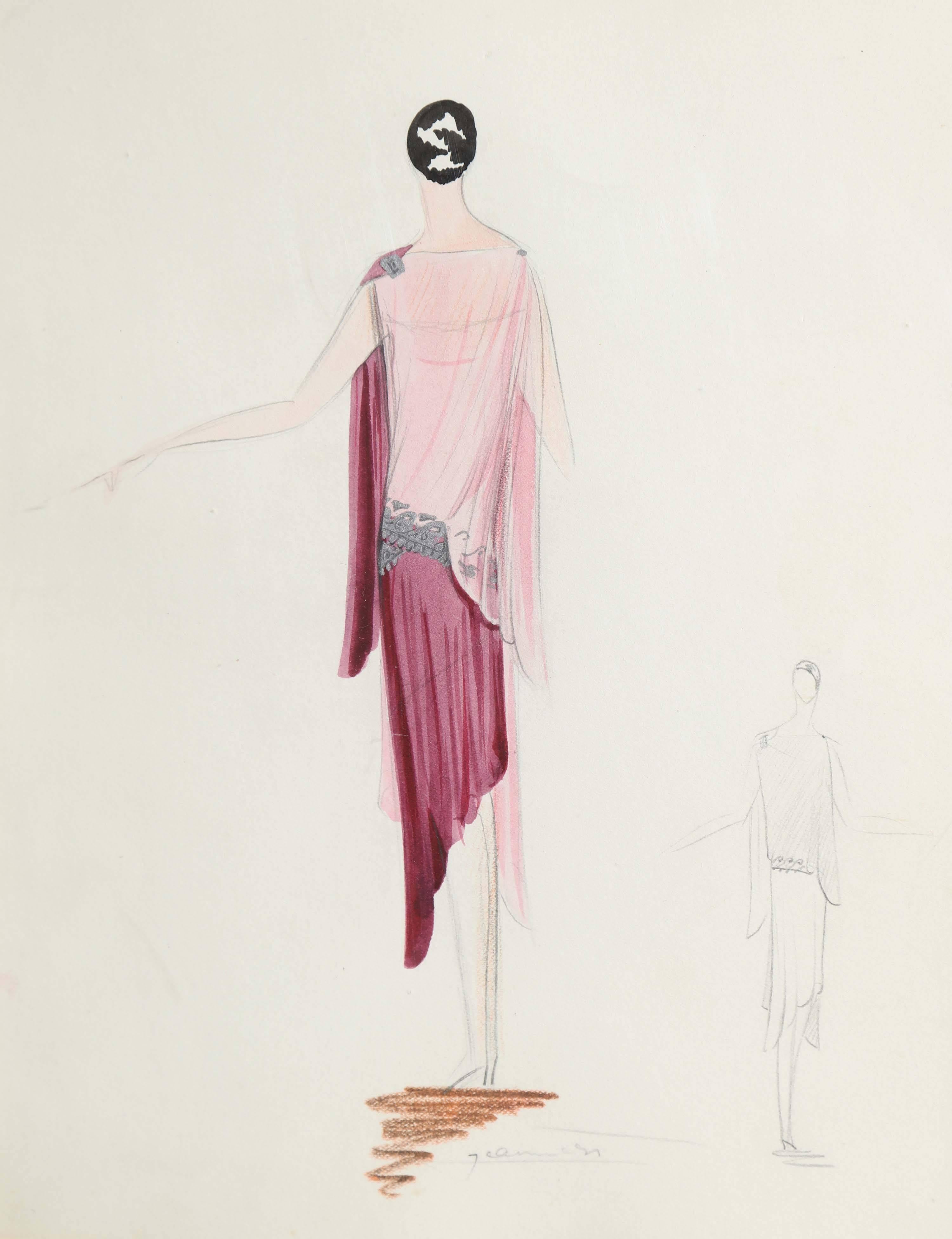 The pencil, gouache and watercolor sketch depicting a wine and pink cocktail dress with a back view lower right. Verso stamped 