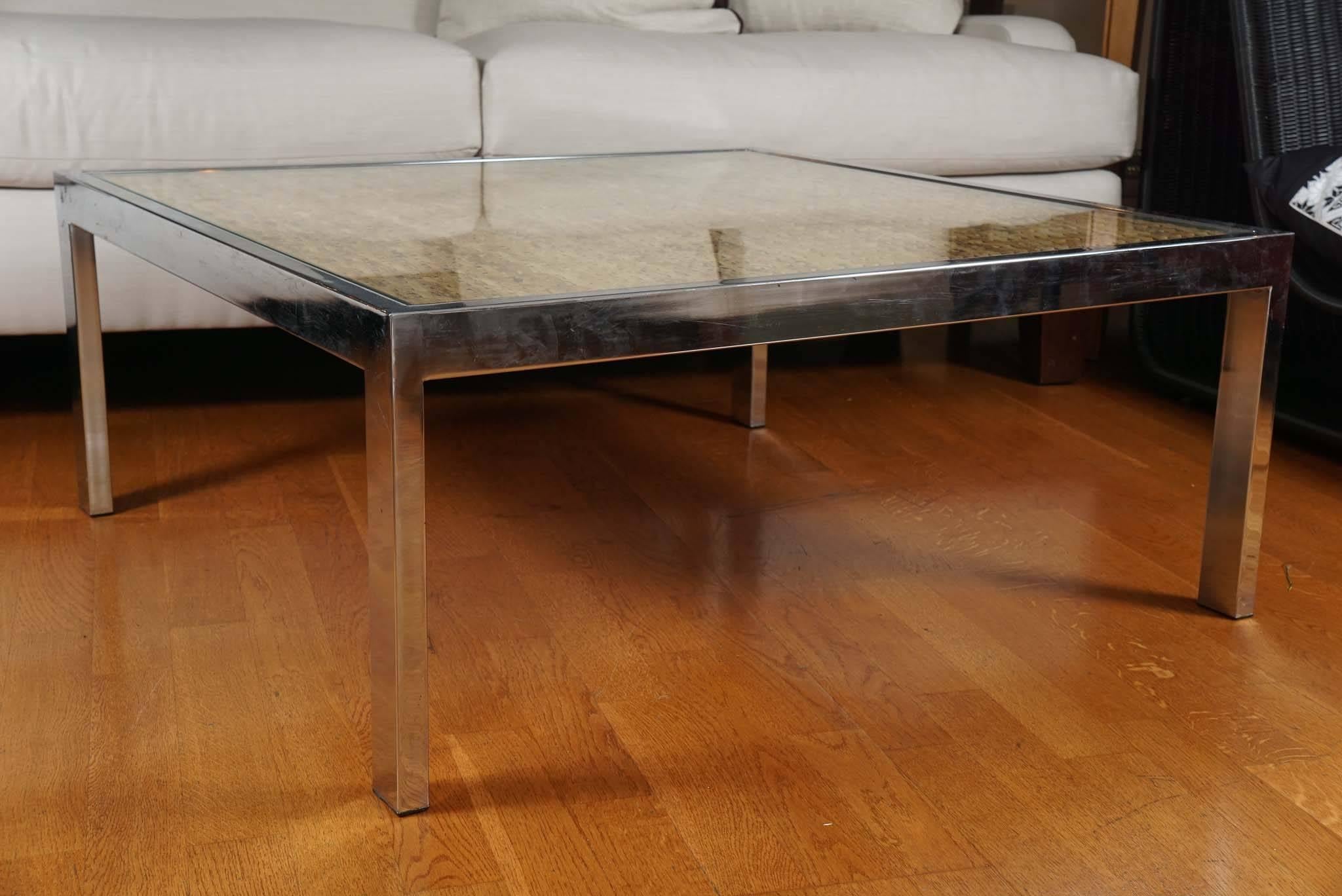 Square Mid-Century, polished chrome and wicker coffee table.