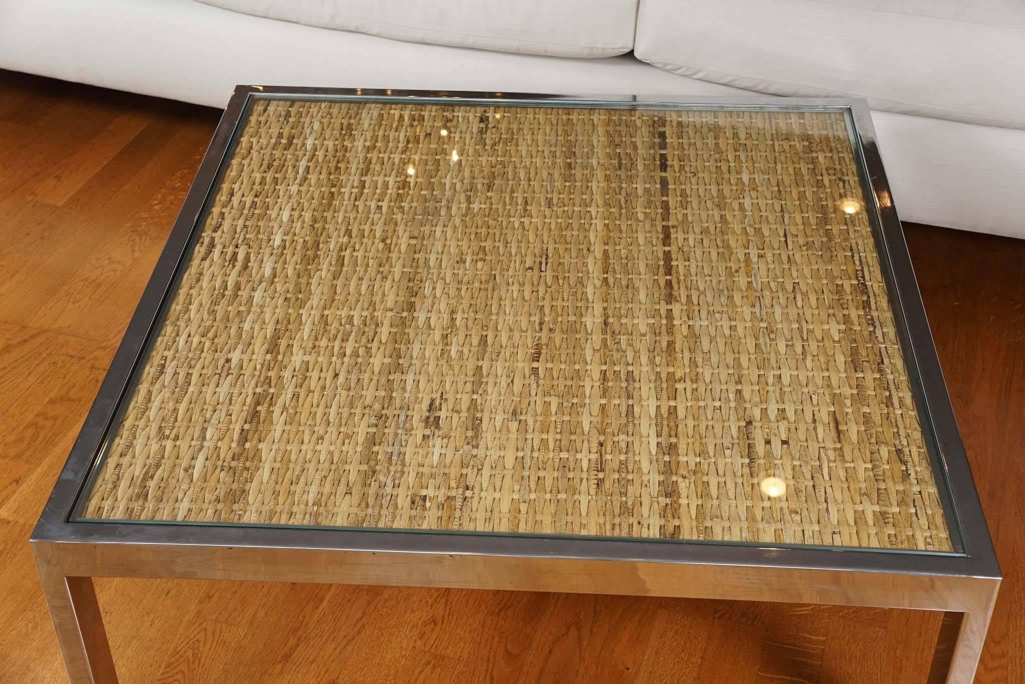 Mid-Century Modern Square Chrome and Wicker Coffee Table For Sale