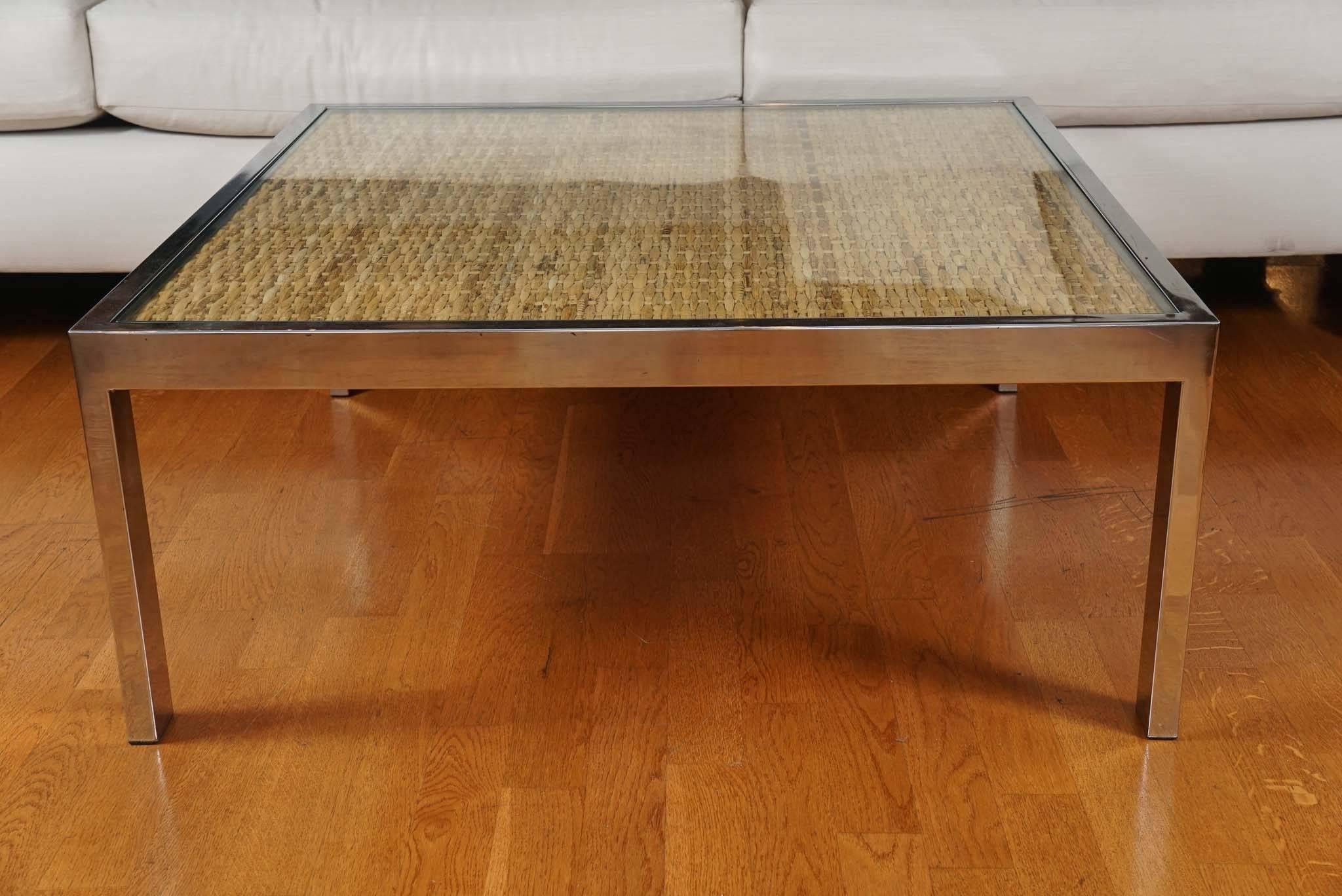 Late 20th Century Square Chrome and Wicker Coffee Table For Sale