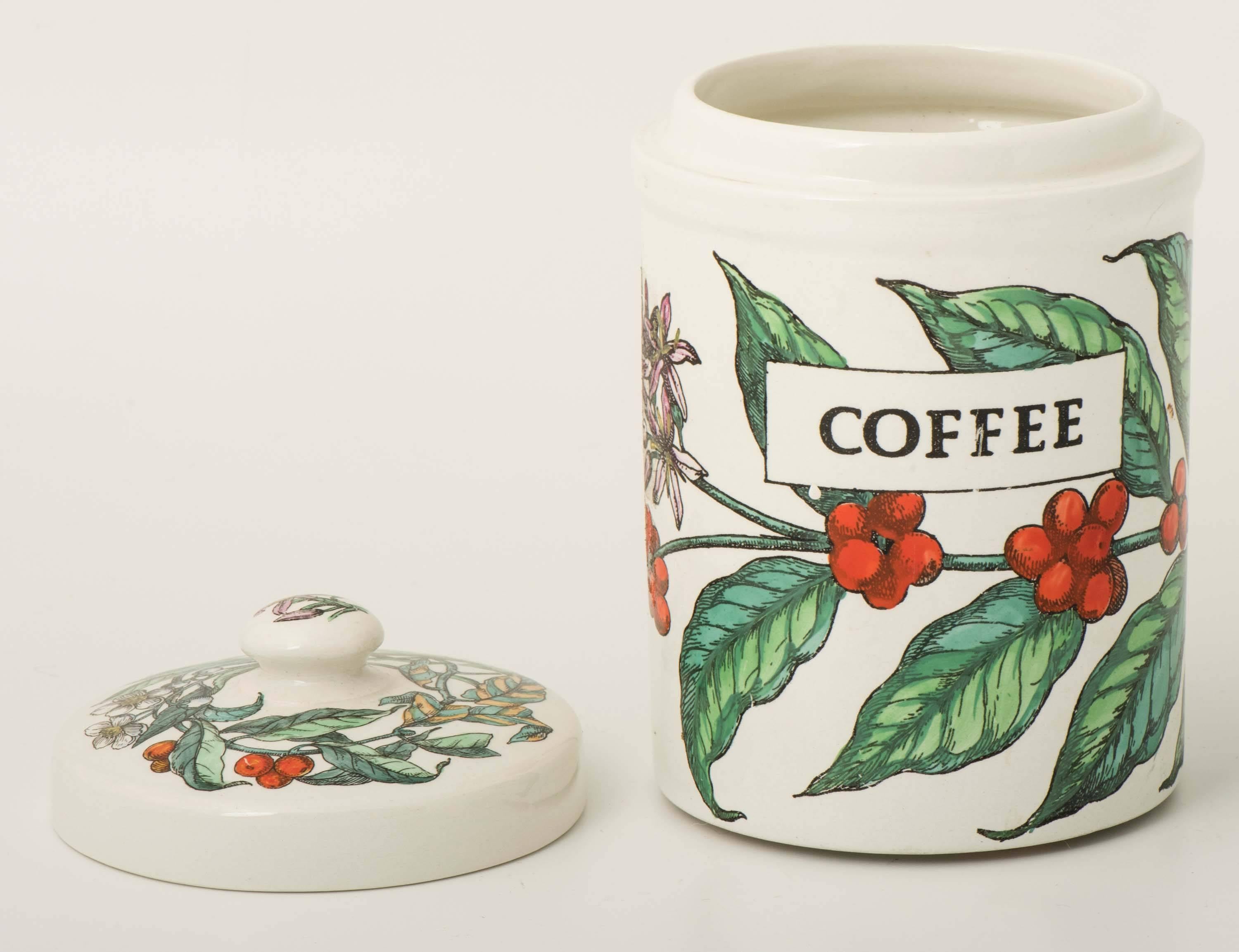 An early porcelain jar with cover by Piero Fornasetti.
“Coffee.”
Lithographically printed and hand-painted.
Mark to base.
Dimension: 17.5 cm high x 11 cm diameter.
Italy, circa 1960.
   