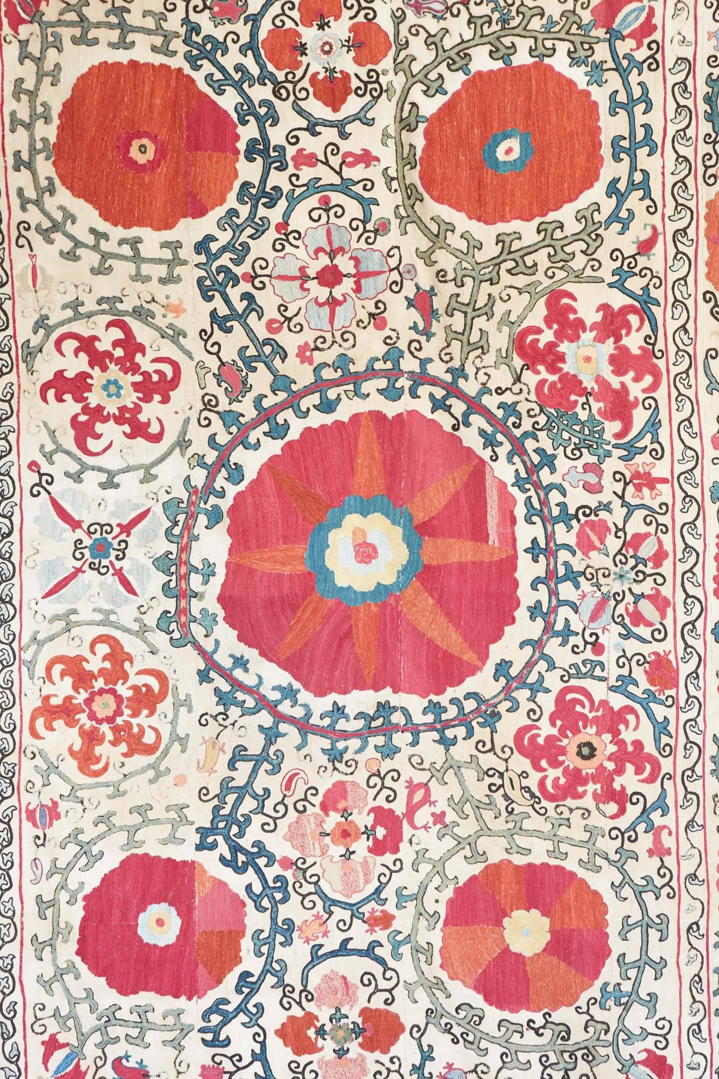 19th century Central Asian Susani dowry piece. Pomegranate design. Chain and satin stitch silk embroidery on cotton panels. 
