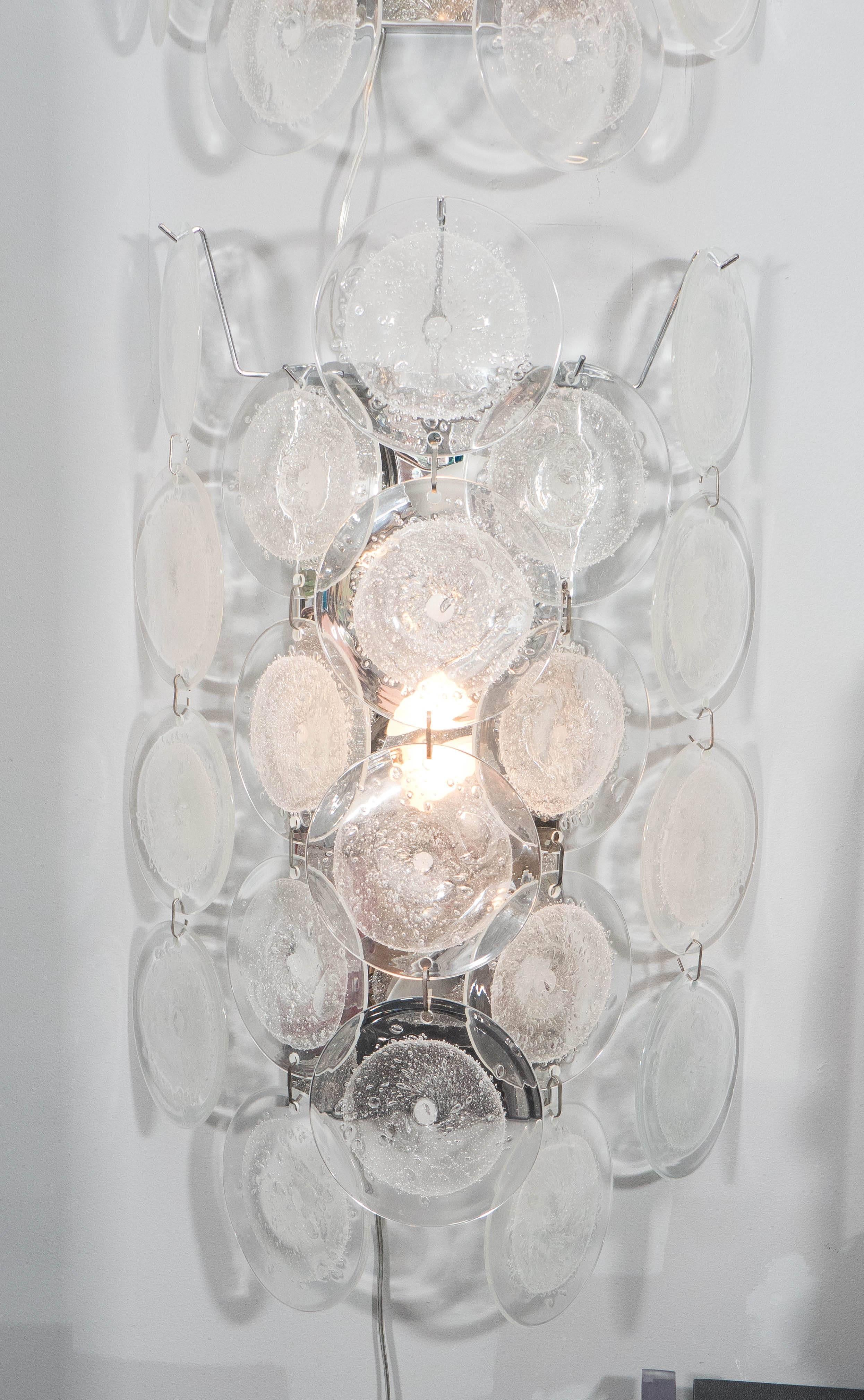 Modern Pair of Clear Pulegoso Murano Glass Disc Sconces For Sale
