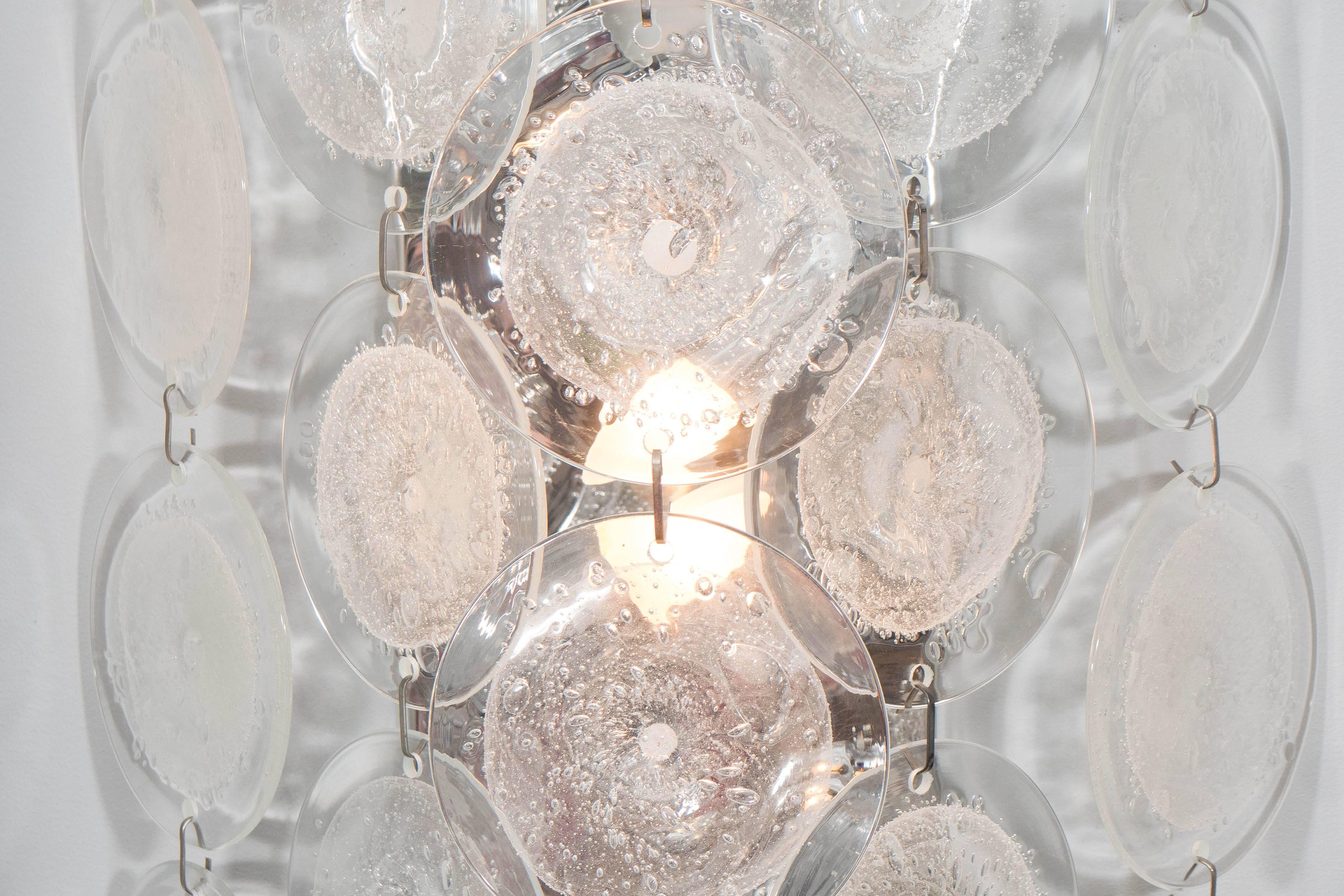 Contemporary Pair of Clear Pulegoso Murano Glass Disc Sconces For Sale