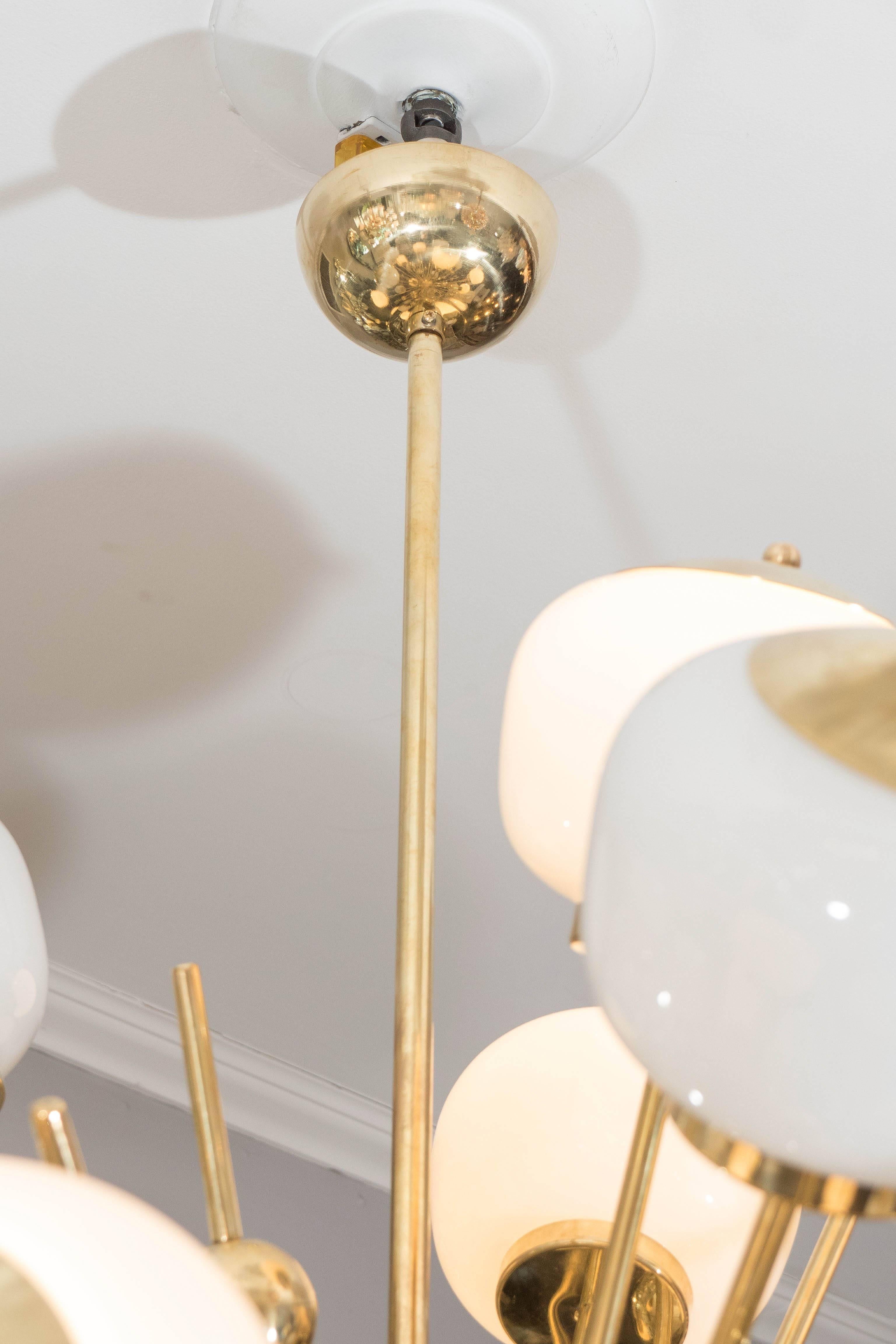 Large Murano Brass and Milk Glass Sputnik Chandelier In Excellent Condition In New York, NY