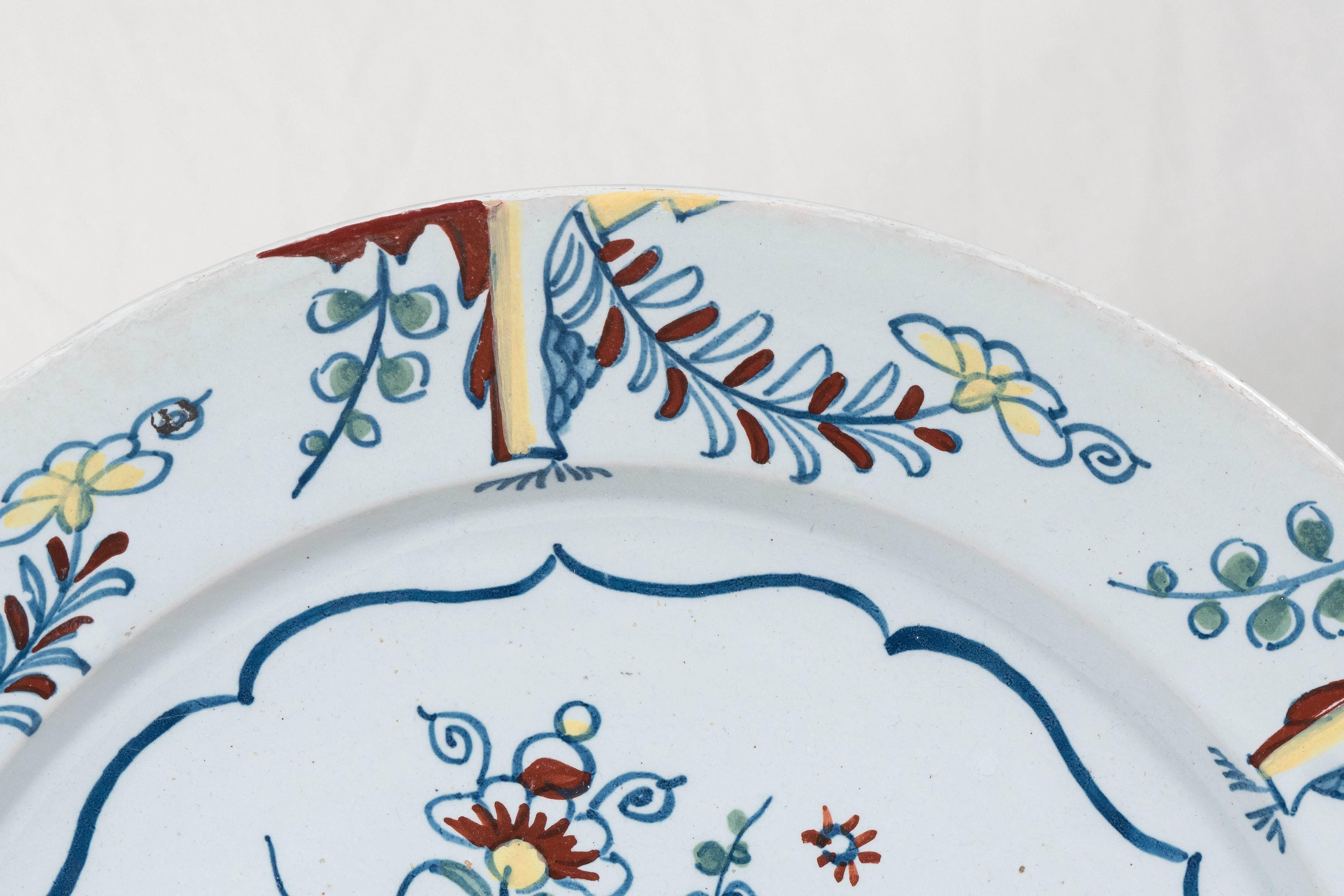 Hand-Painted Antique Bristol Delft Charger Painted in Polychrome Colors circa 1760