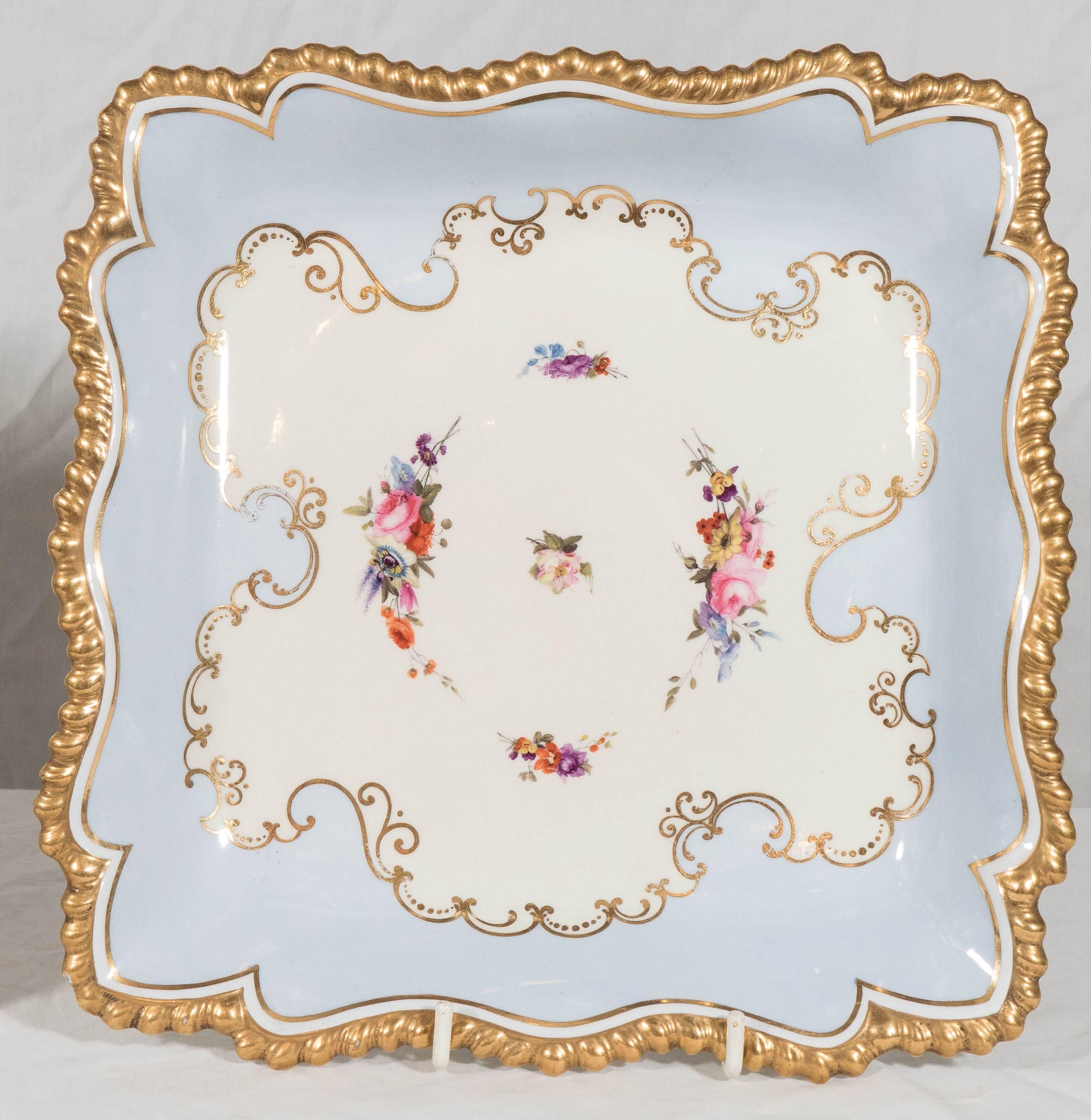 Hand-Painted Pale Blue Worcester Porcelain Square Dishes Made in England circa 1820