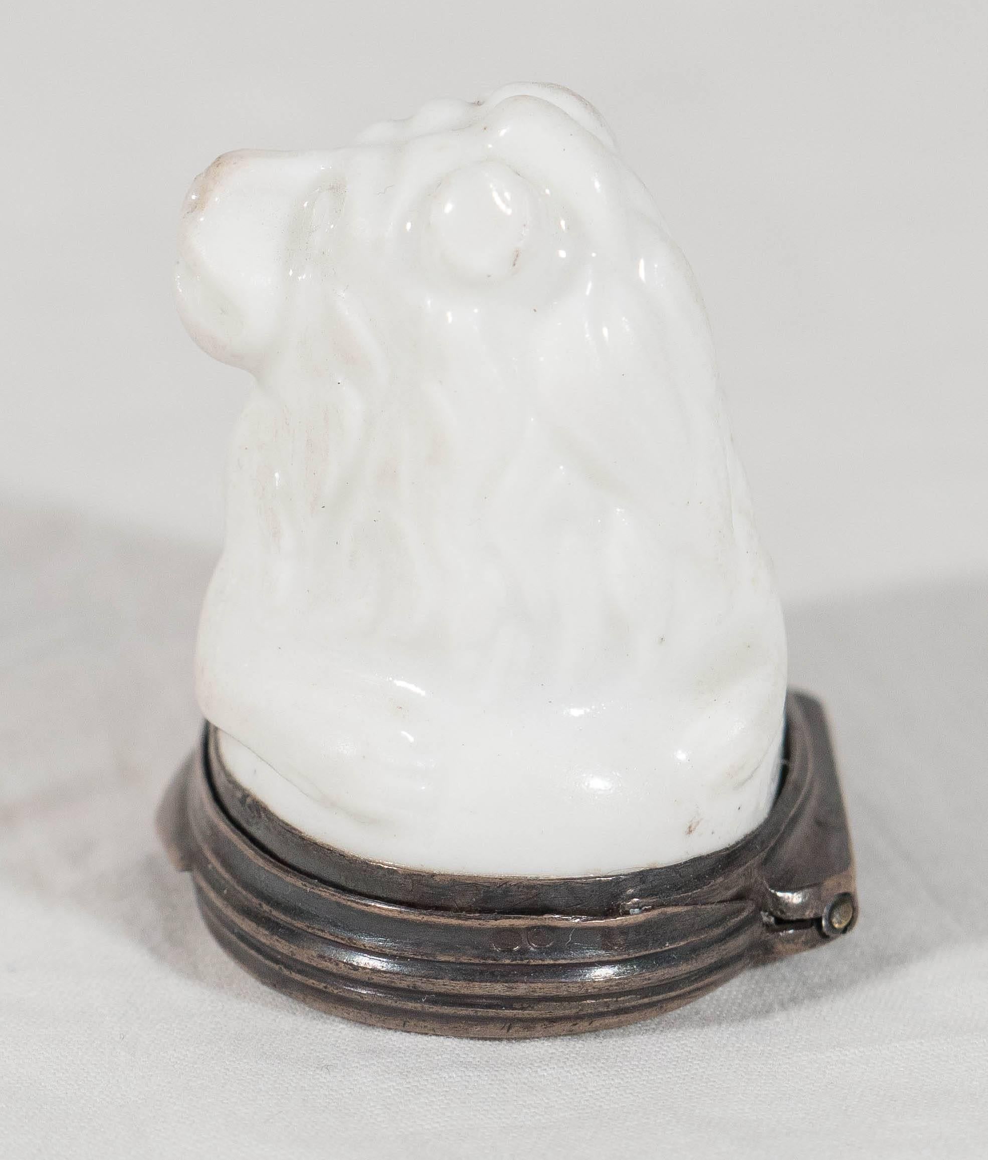 Neoclassical  Antique Porcelain Lion Snuff Box Silver Mounted