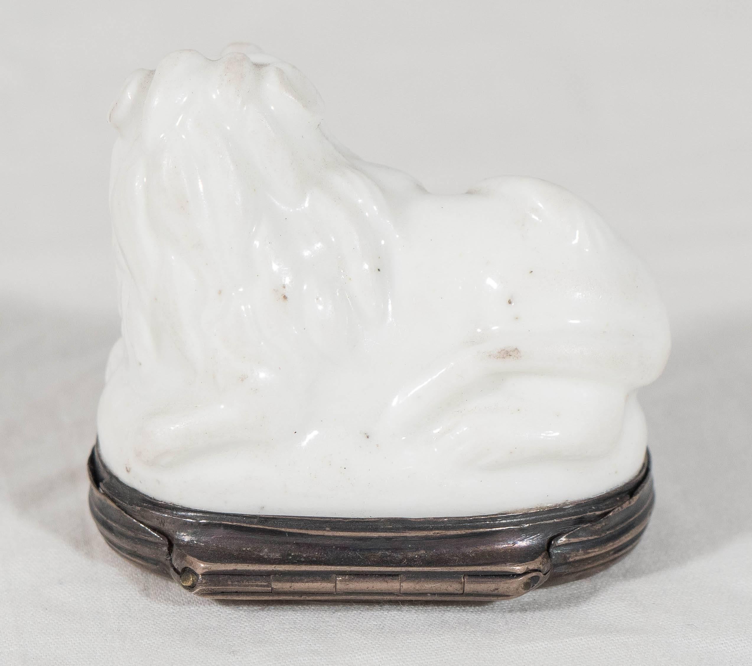 French  Antique Porcelain Lion Snuff Box Silver Mounted