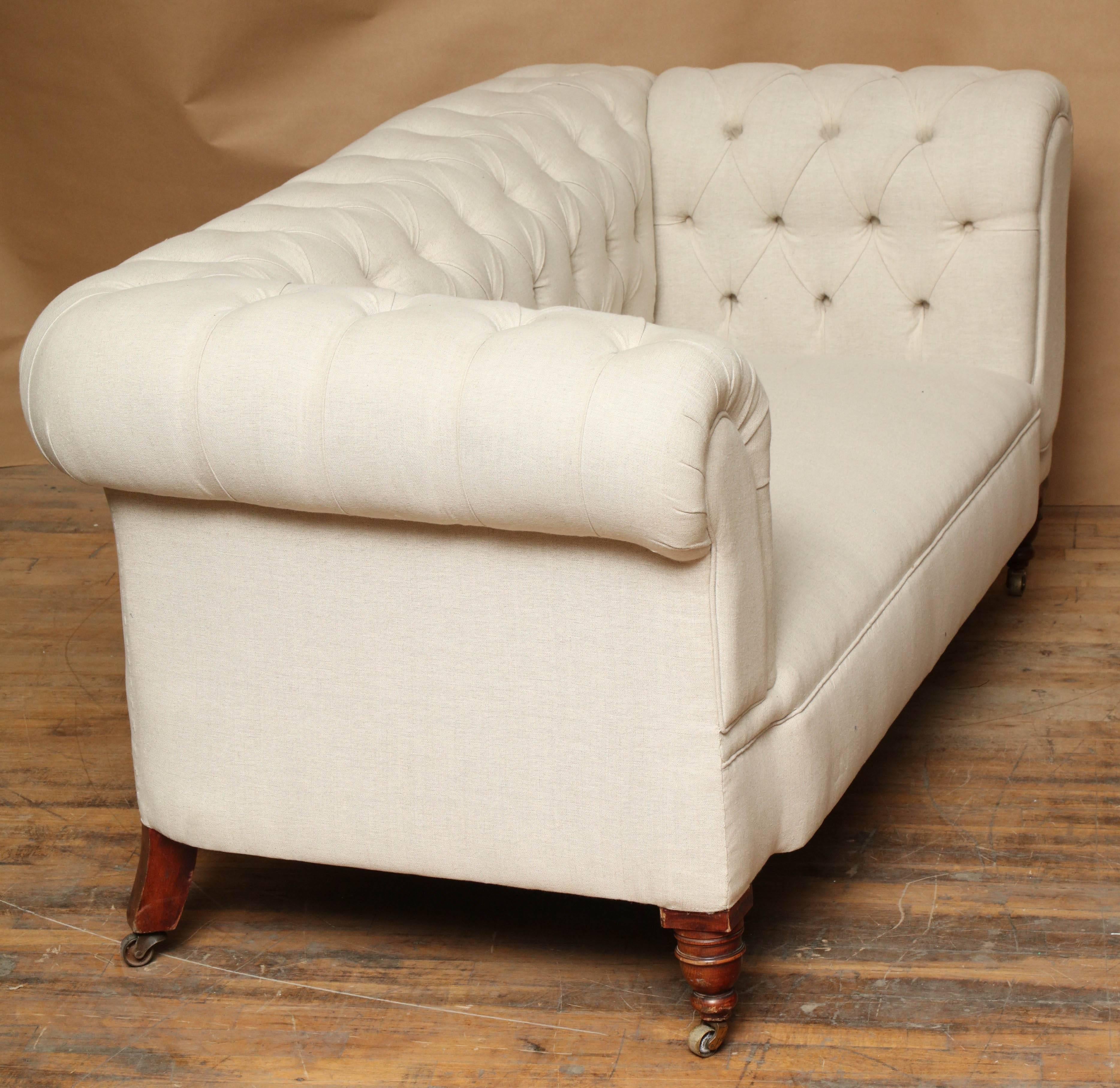 Linen 1920s Chesterfield Sofa with Collapsible Arm