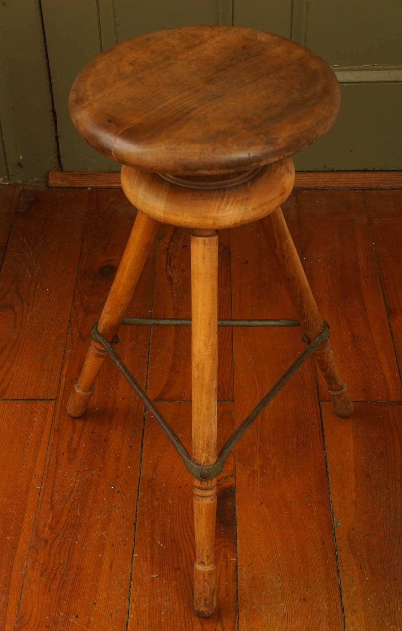 This unique stool was from a pub in England. It is quite unique, sturdy and stylish. The seat turns and moves up and down for your convenience. Painted porch has many pub stools from the UK. Some are matching and some are individual stools. Most of