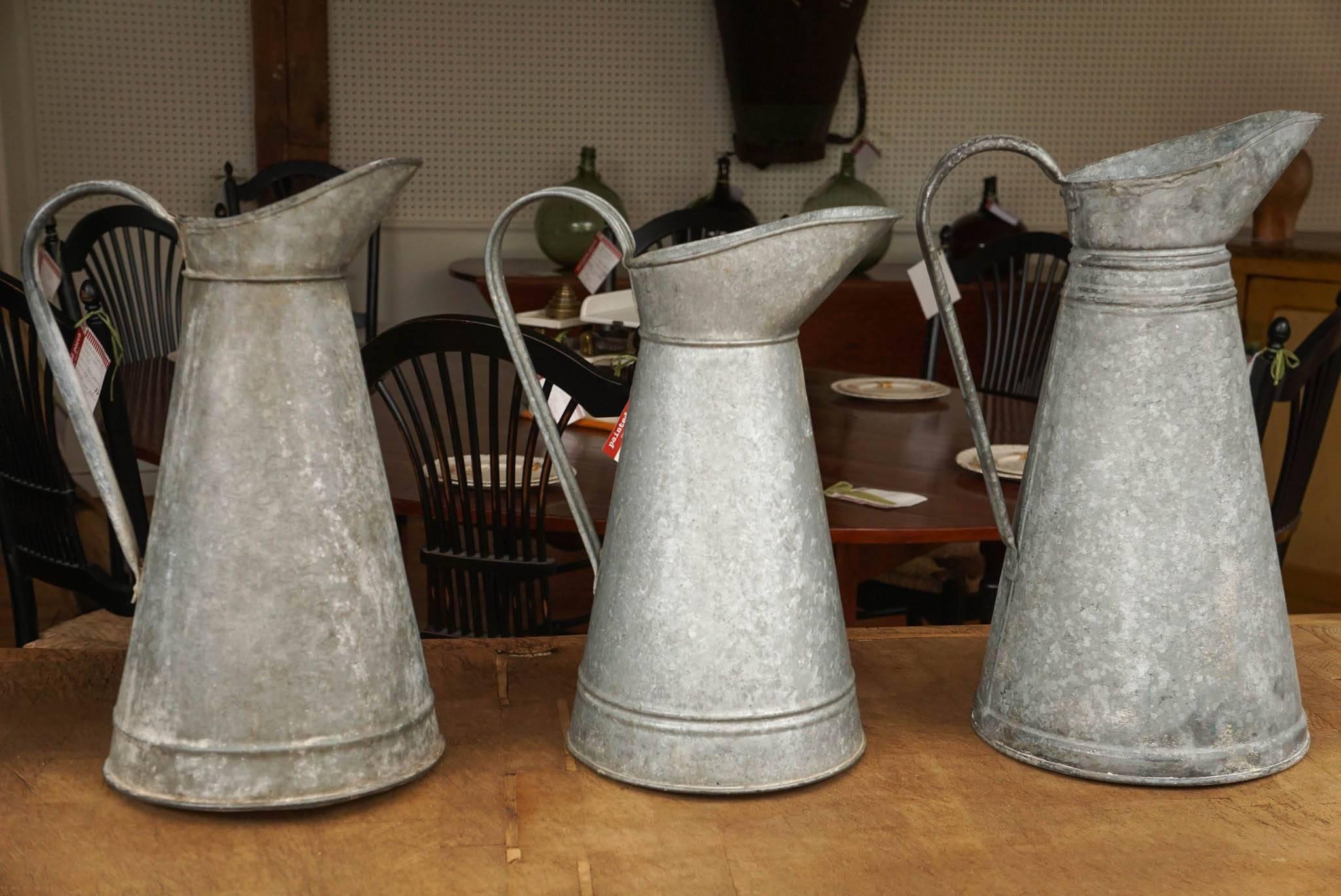 French Galvanized Metal Pitchers from France