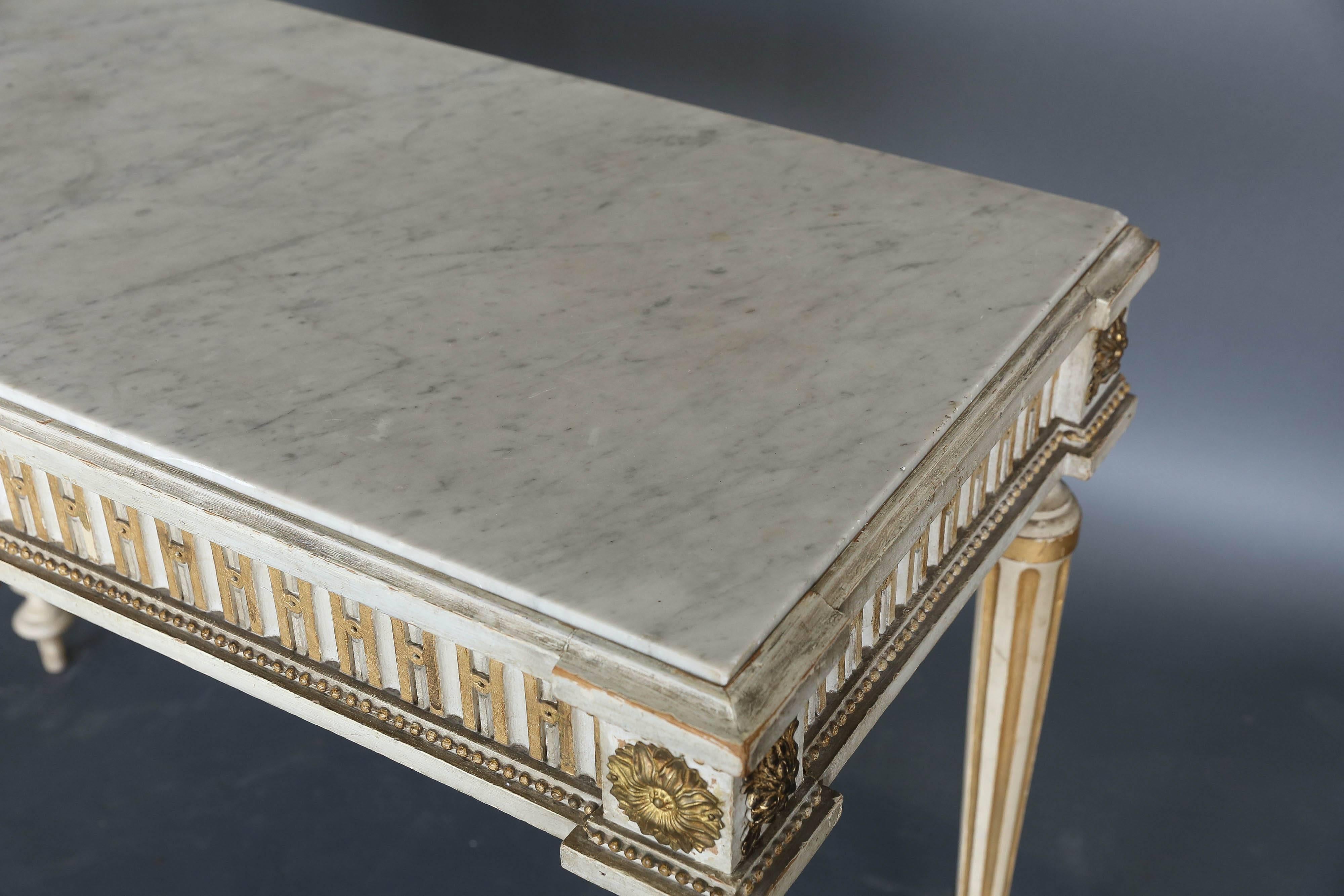 Narrow Louis XVI Style French Console with Marble Top In Excellent Condition For Sale In Houston, TX