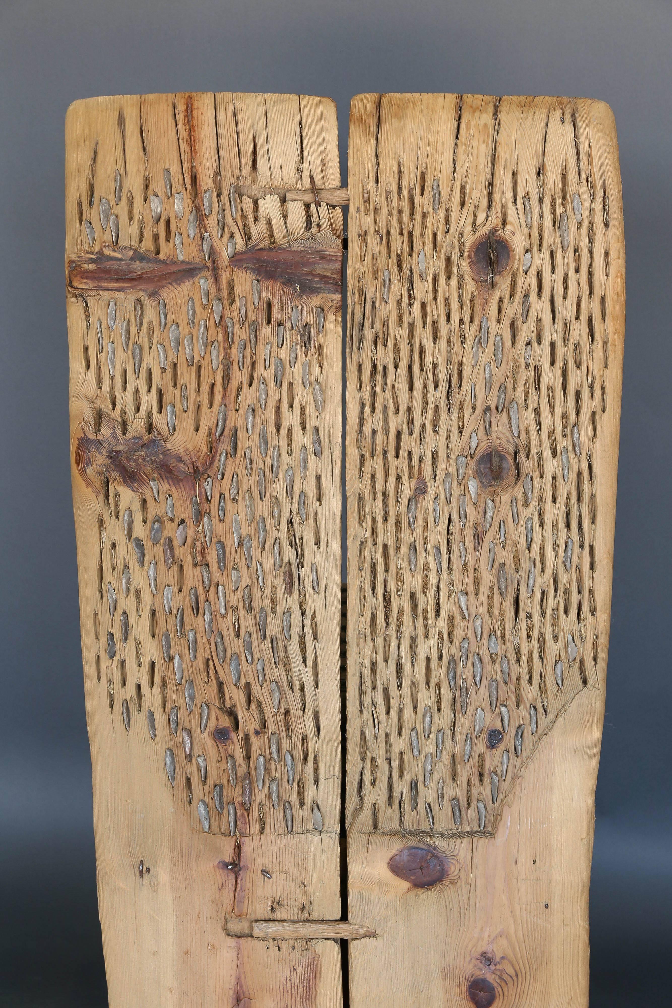 Antique 19th century pine and flint stone thresher. Makes a wonderful piece of wall art! Several flint stones missing. Great weathered look to wood.